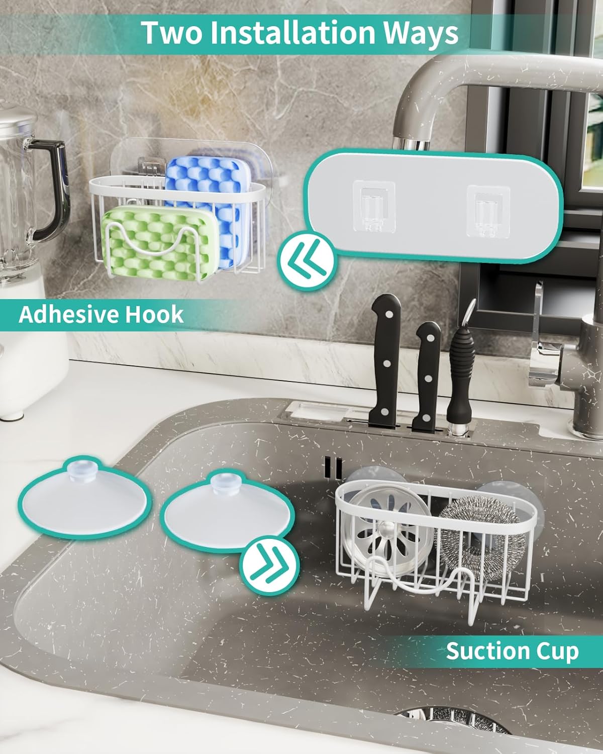 HapiRm Sponge Holder for Kitchen Sink - Sink Caddy with Unique M-Shaped, 2 Installation Methods