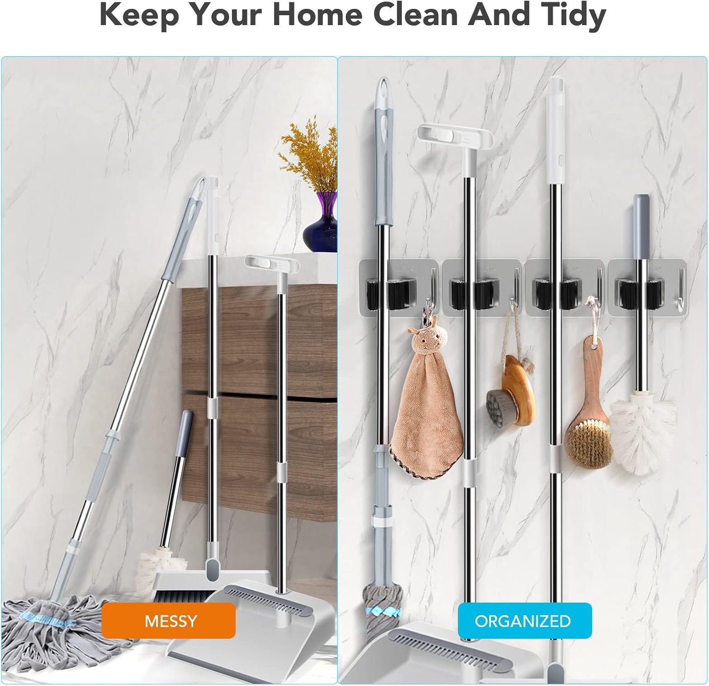 Mop Broom Holder No Drill, Mop Broom Organizer Wall Mounted Heavy Duty with Hooks Hanger, Self