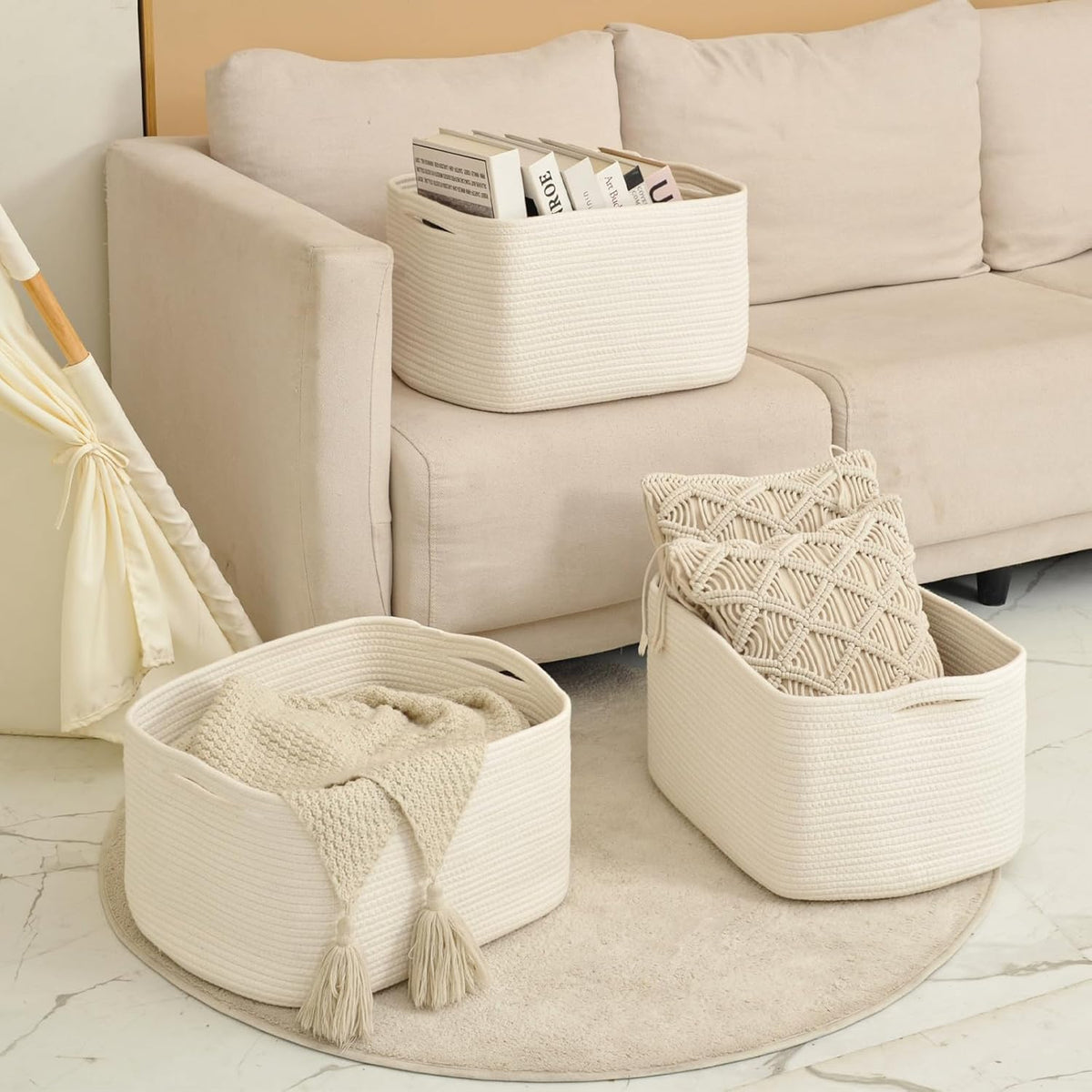 Large Storage Baskets for Organizing Shelves, Woven Cotton Rope Bins for Baby Nursery Organization