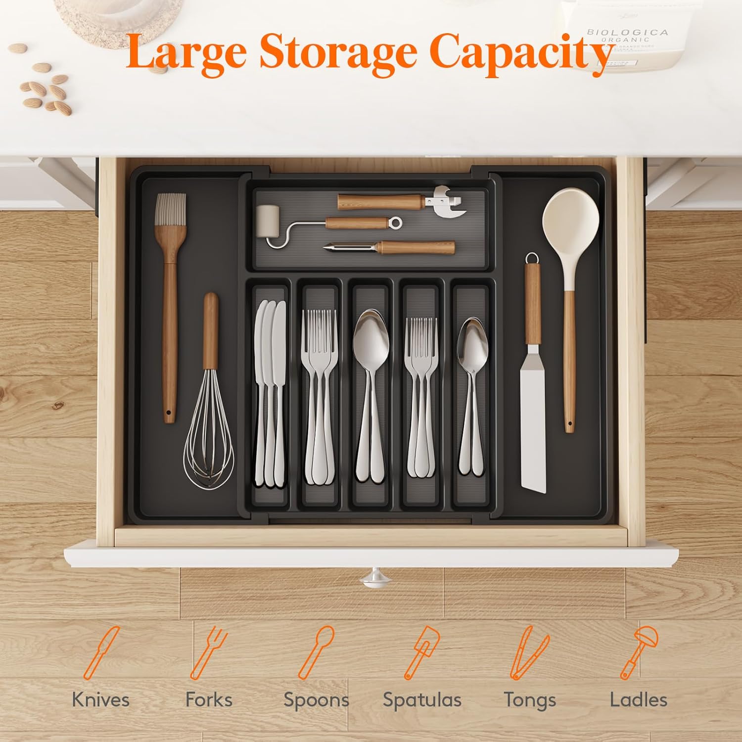 Lifewit Silverware Drawer Organizer, Expandable Utensil Tray with Non-Slip TPR, Deep Flatware