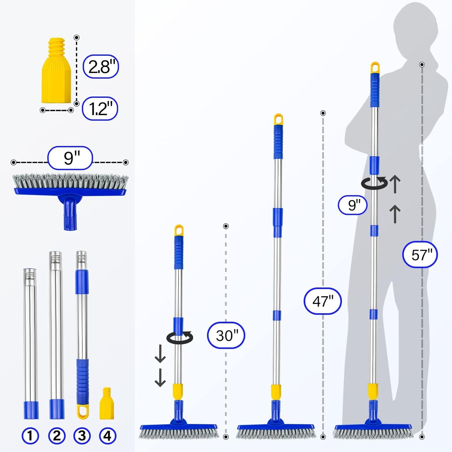 ITTAR Grout Brush with Long Adjustable Handle, Swivel Scrub Brush, V-Shape Grout Line Scrubber with