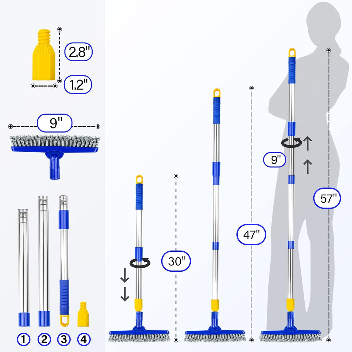 ITTAR Grout Brush with Long Adjustable Handle, Swivel Scrub Brush, V-Shape Grout Line Scrubber with