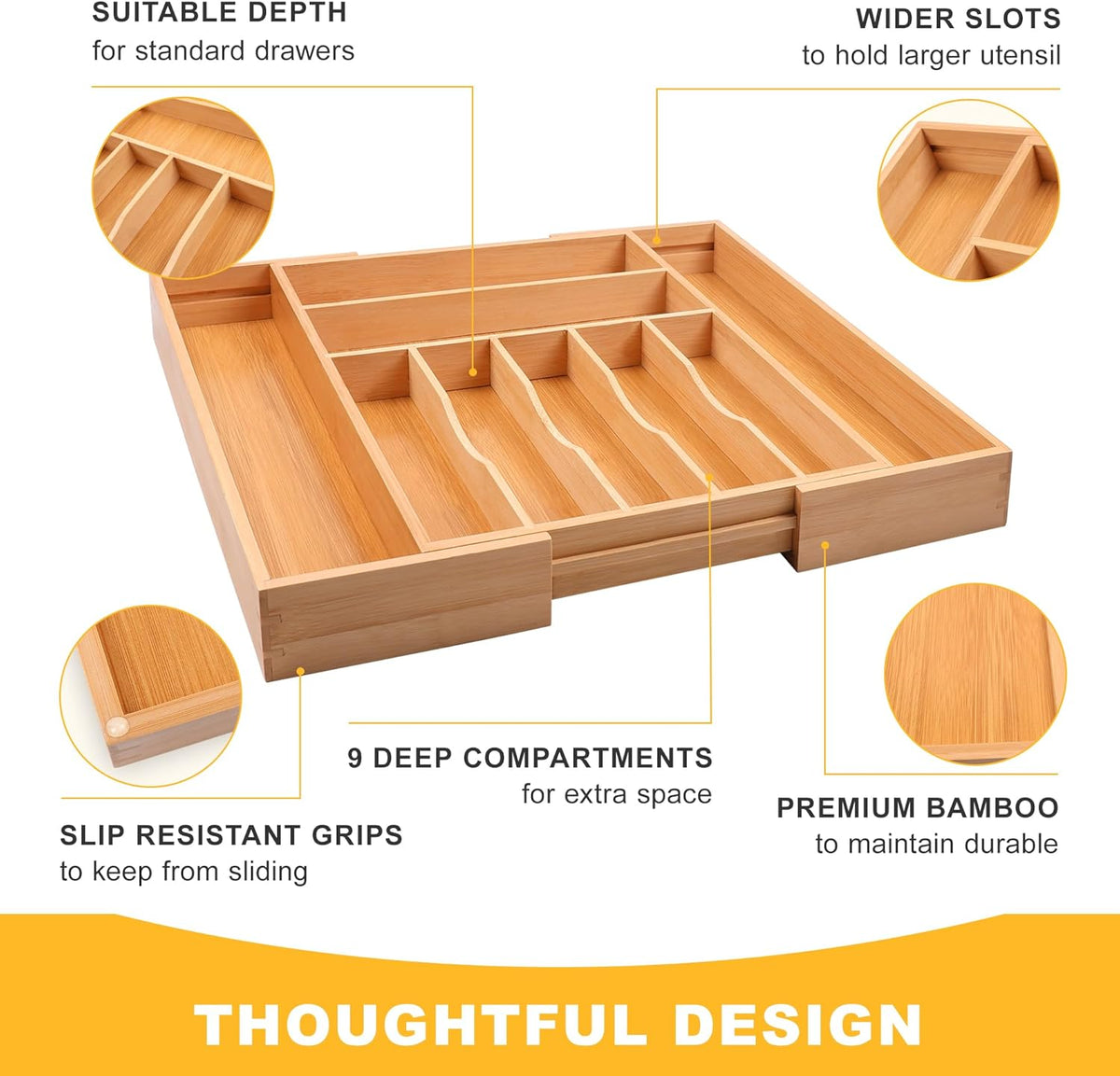 Large Premium Bamboo Silverware Organizer - Expandable Drawer Organizer & Utensil Organizer