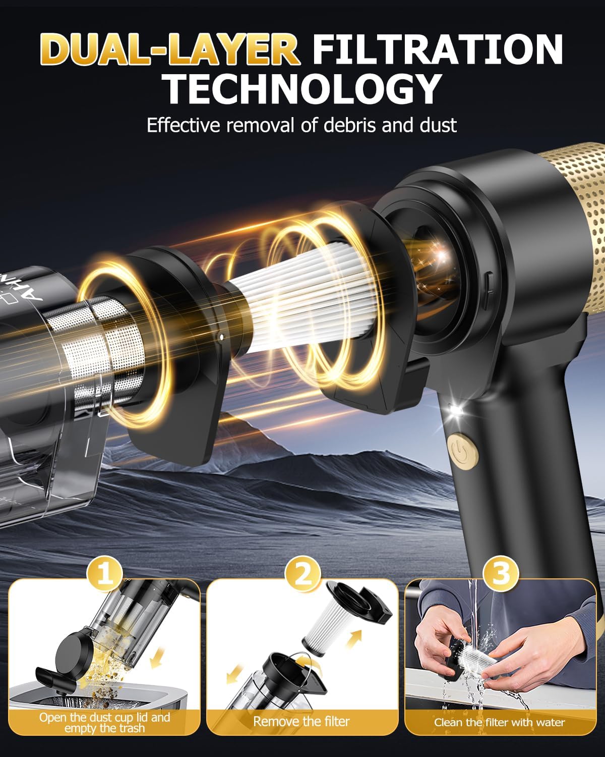 AHNR Handheld Car Vacuum Cleaner Cordless with 16000PA Powerful Suction, 4-in-1 Portable Mini