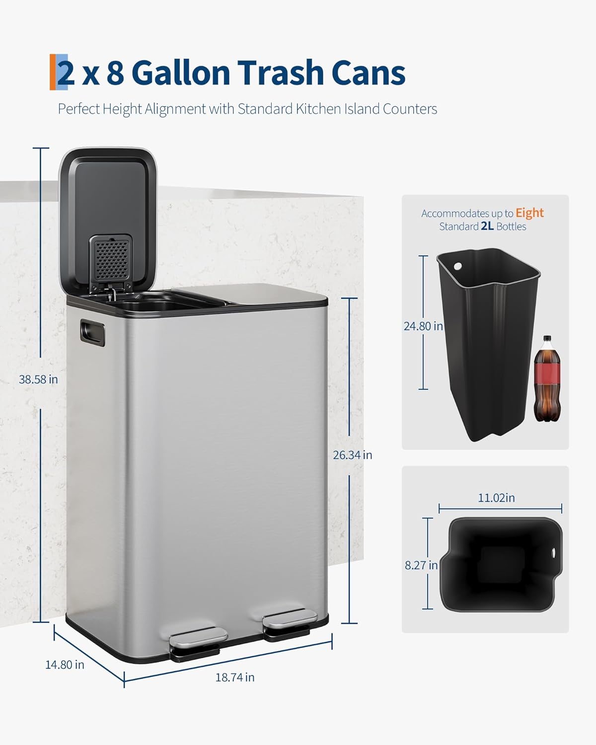 GarveeHome 2 x 8 Gallon Stainless Steel Double Trash Can with Lid for Kitchen, Large Dual Trash and