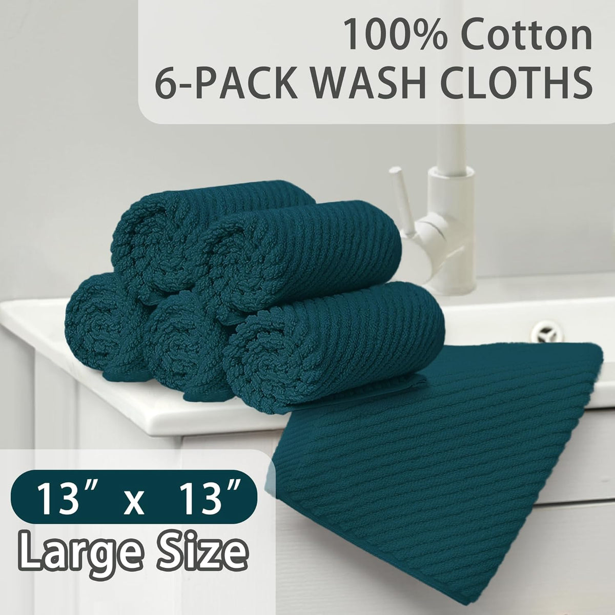 Face Towels for Bathroom, 6PC 13"x13" - 100% Cotton | Light Weight | Thick | Quick Dry | Soft |