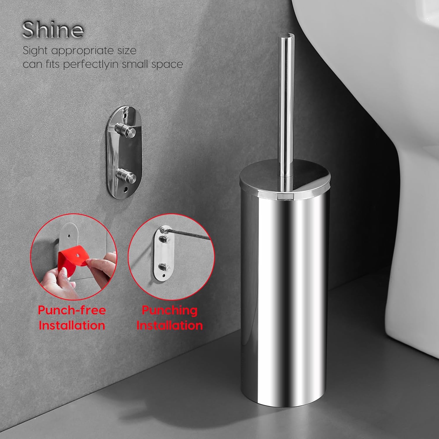 Toilet Brush and Brush Holder, Stainless Steel No-Punch Hook Base Dual Purpose Toilet Brush Holder