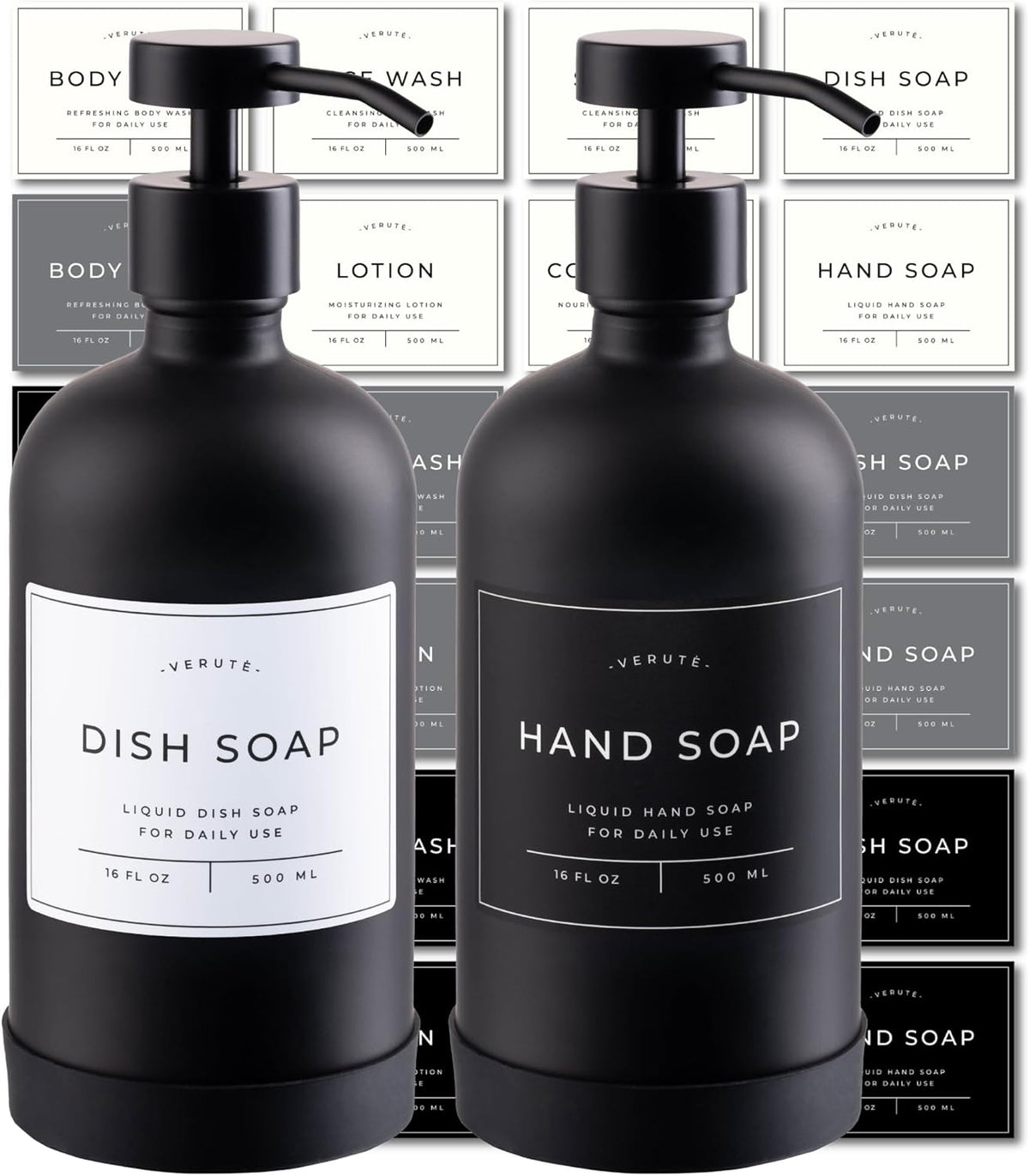 16oz Glass Soap Dispenser with Stainless Steel Pump, 21 Waterproof Labels, Non-Slip Protective