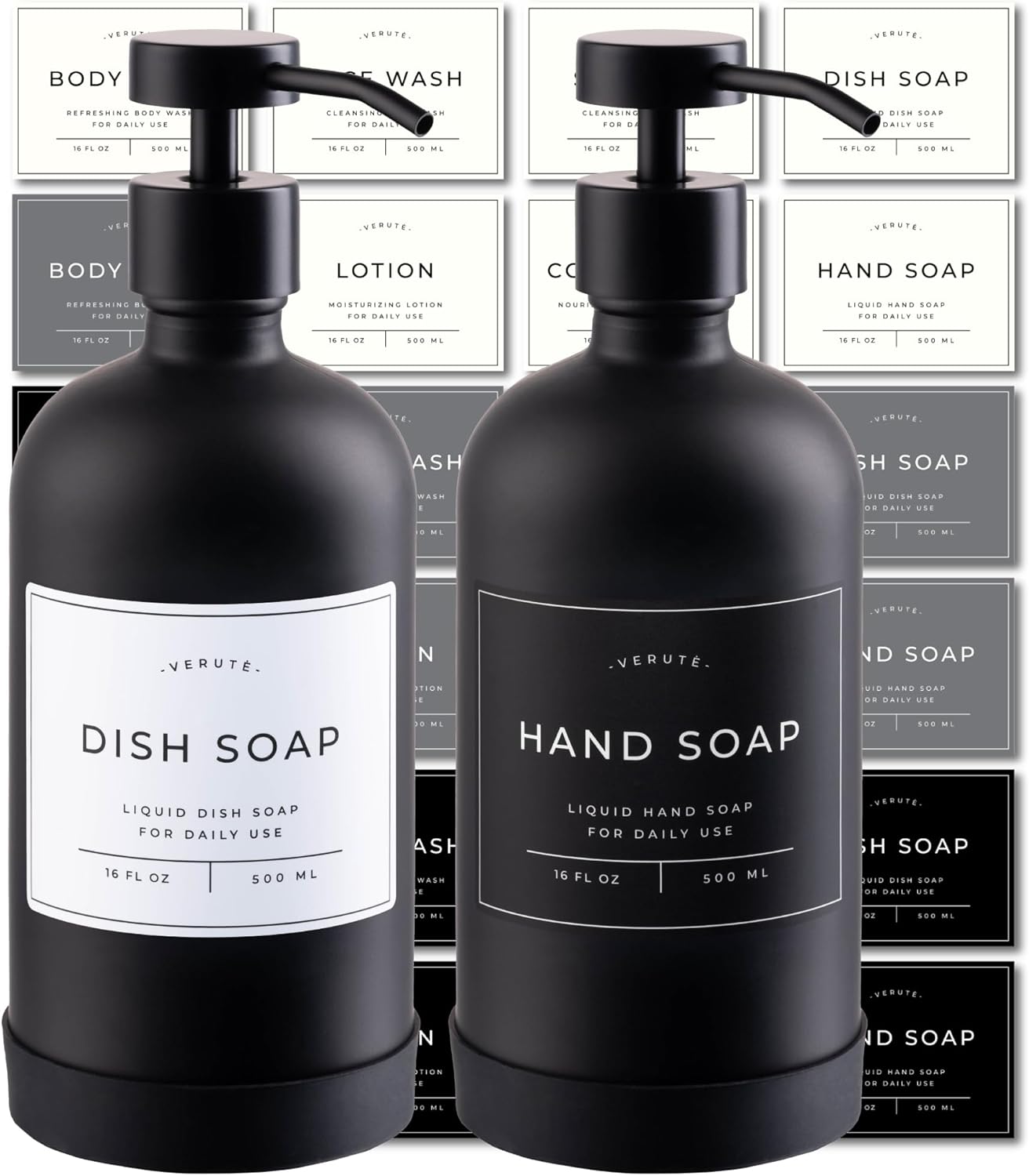 16oz Glass Soap Dispenser with Stainless Steel Pump, 21 Waterproof Labels, Non-Slip Protective