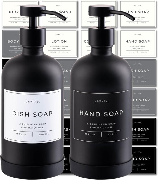 16oz Glass Soap Dispenser with Stainless Steel Pump, 21 Waterproof Labels, Non-Slip Protective