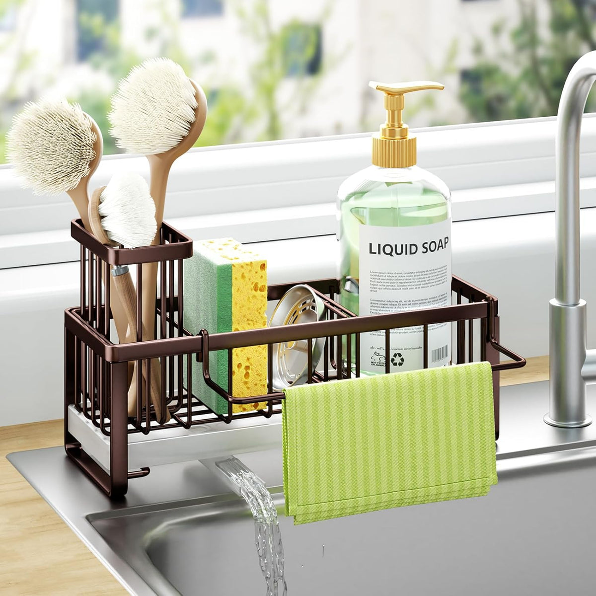 HapiRm Sponge Holder for Kitchen Sink - Self-draining Sink Caddy with Brush and Dishcloth Holders