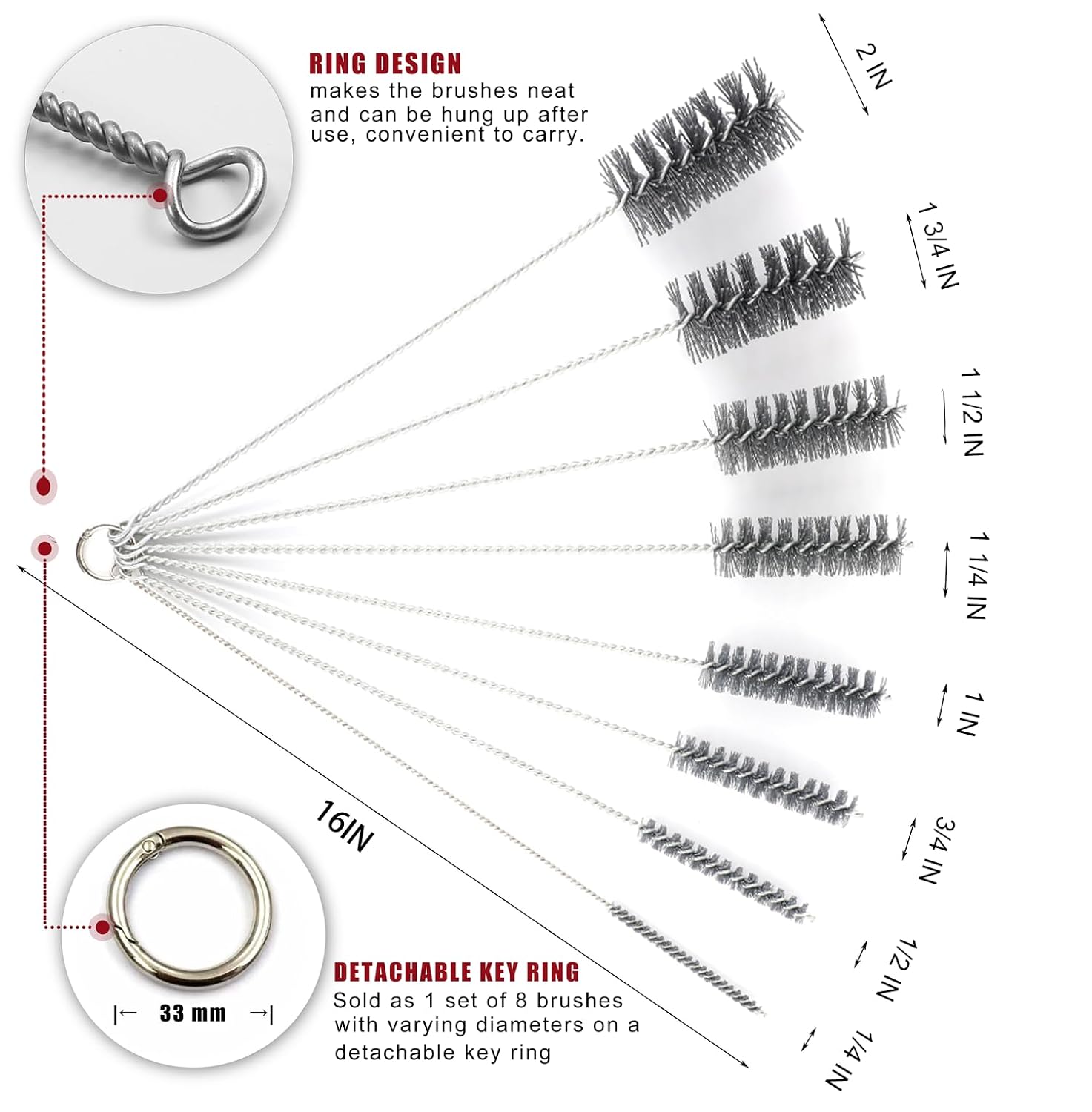 16 Inch Extra Long Pipe Cleaning Brush Set Abrasive Filament, 8 Piece Variety Pack for Removal of