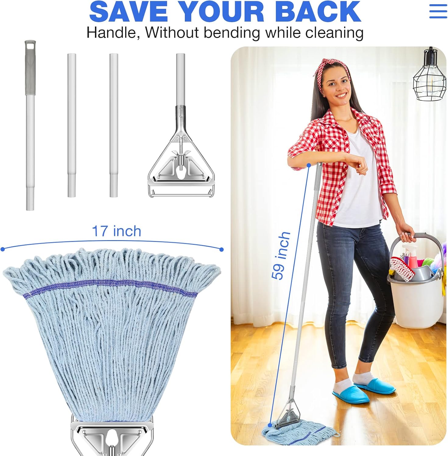 String Mop Heavy Duty for Floor Cleaning- Industrial Commercial Wet Mop with 59inch Mop Handle for