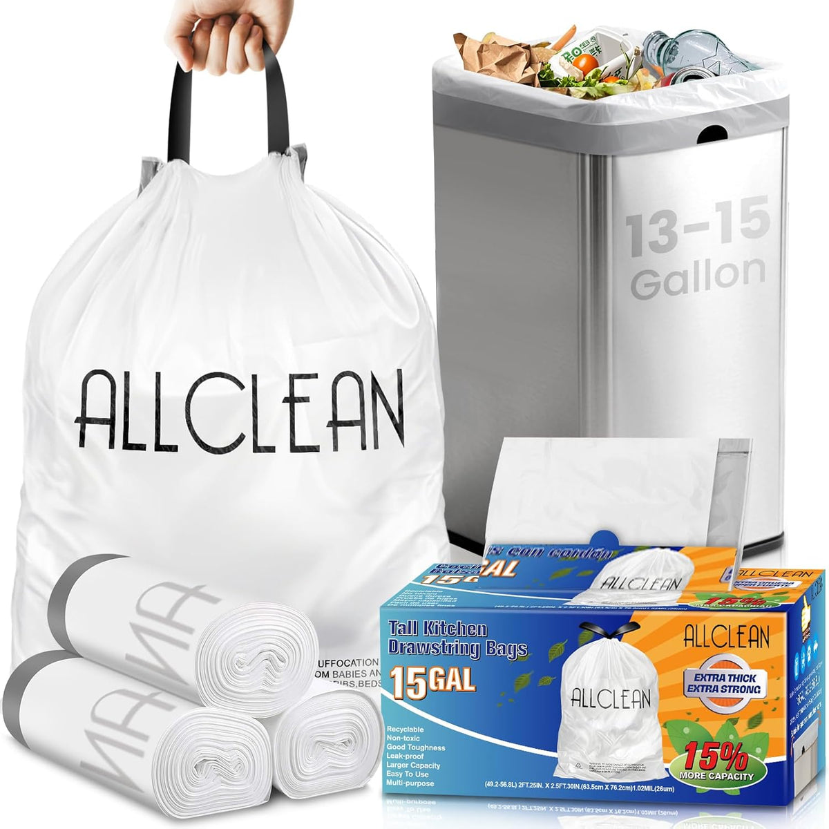 Trash Bags 15 Gallon Tall Kitchen Drawstring Garbage Bags,Fit 13-15 Gal Bins,Extra