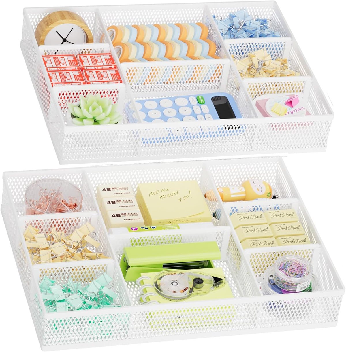Marbrasse 2 Pack Desk Drawer Organizer, Mesh Drawer Organizer Tray with 8 Adjustable Compartments