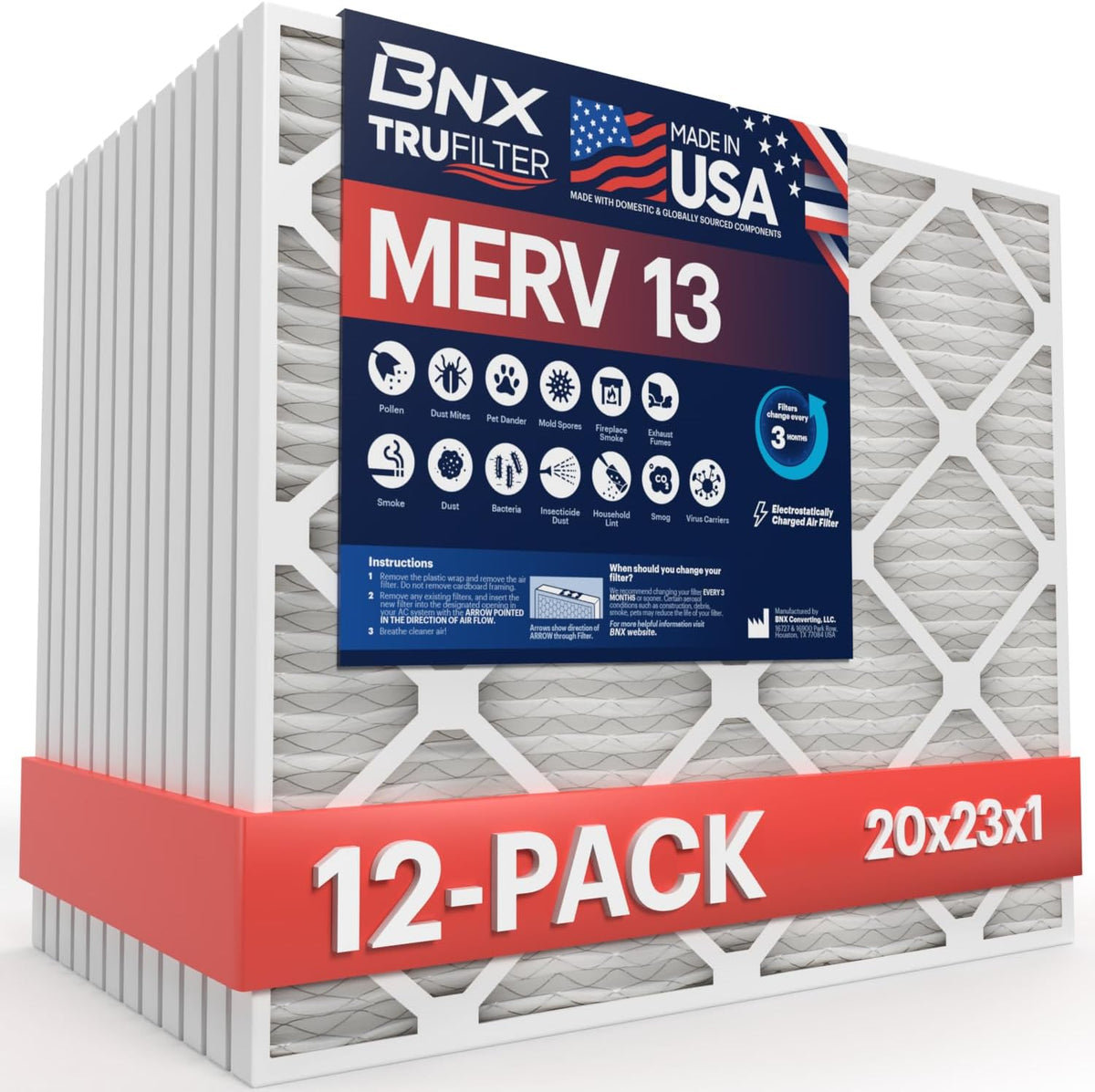 BNX TruFilter 20x23x1 Air Filter MERV 13 (12-Pack) - MADE IN USA - Electrostatic Pleated Air