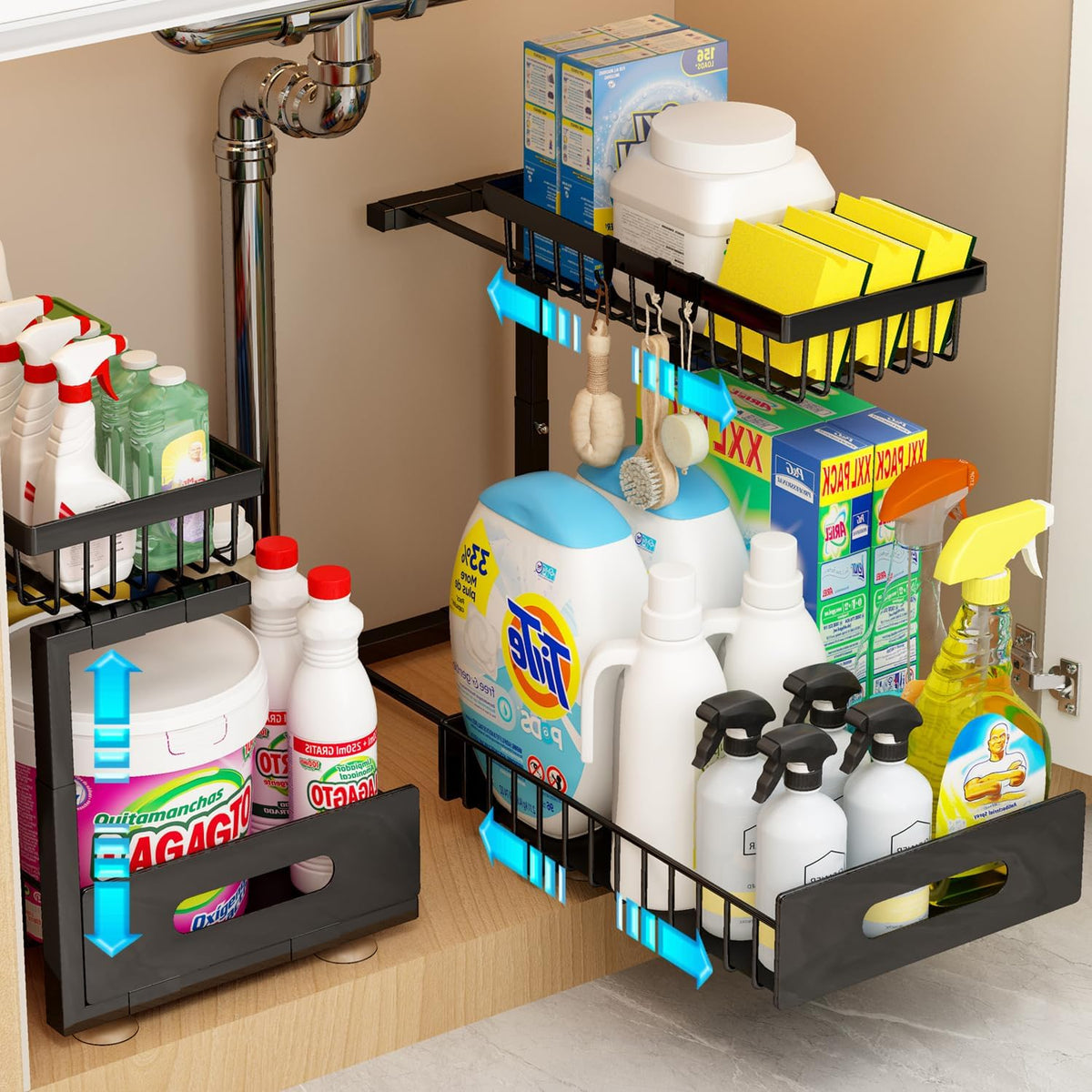 ADBIU Under Sink Organizer(10 Seconds Installation), 2 Packs 2 Tier Expandable Height (11" - 16")