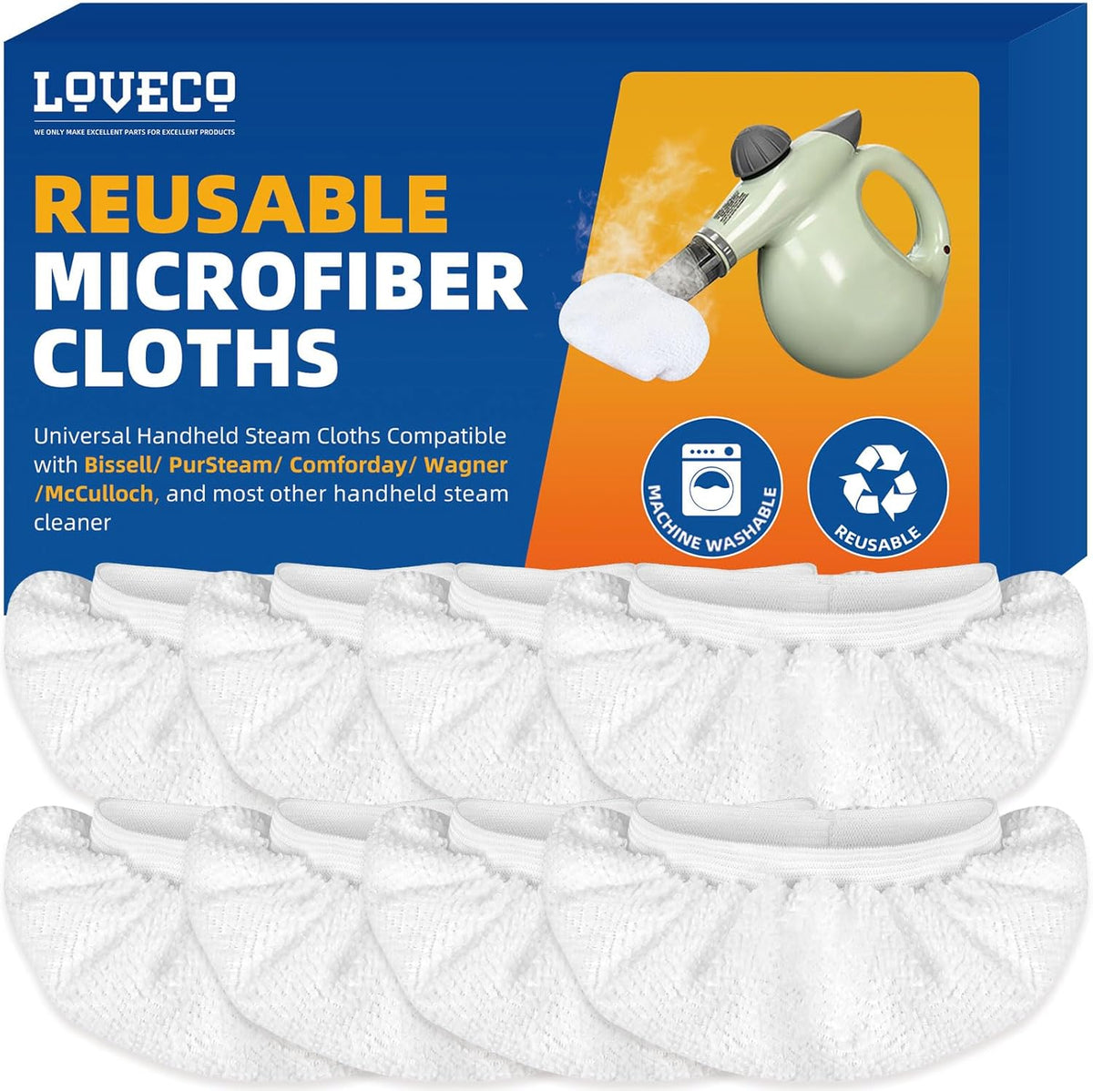 LOVECO 8 Pack Universal Microfiber Cloths for Handheld Steam Cleaner - Compatible with Bissell