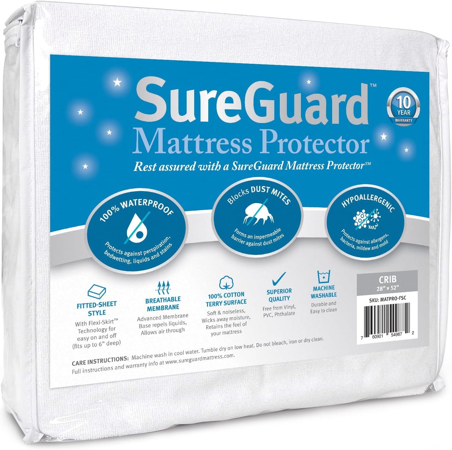 SureGuard Crib Size Mattress Protector - 100% Waterproof, Hypoallergenic - Premium Fitted Cotton