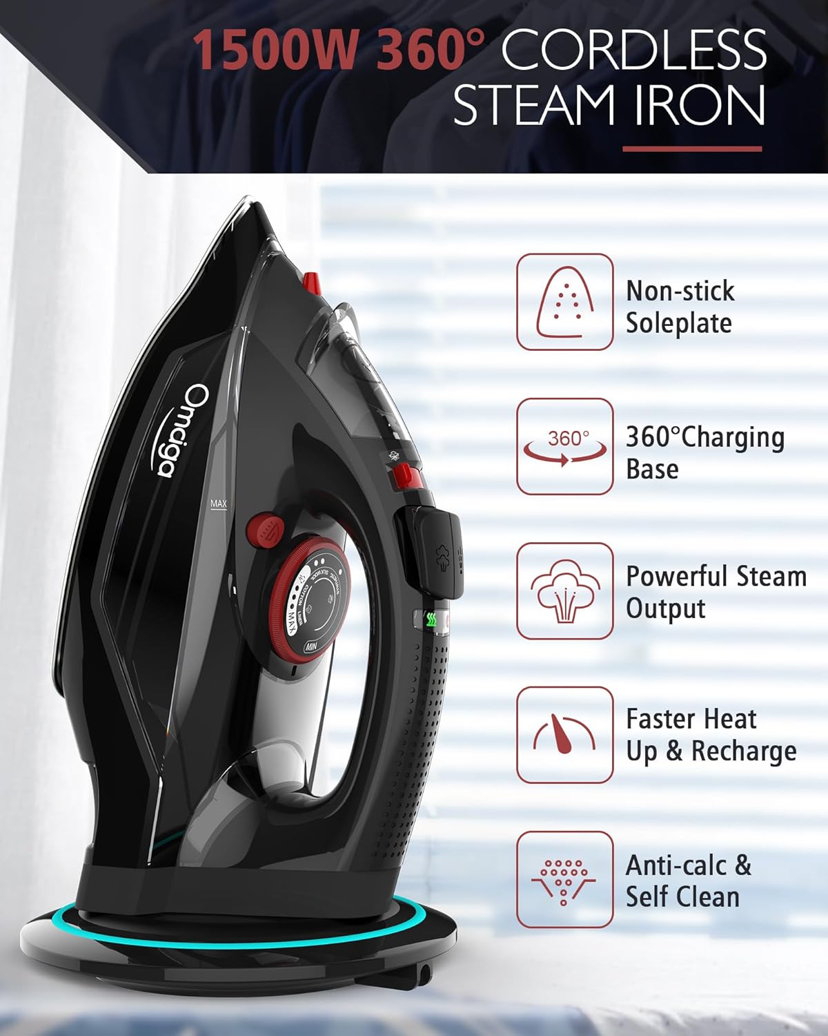 Cordless Iron for Clothes, 1500W Steam Iron Rapid Heating, Ceramic Soleplate, Auto Shut Off