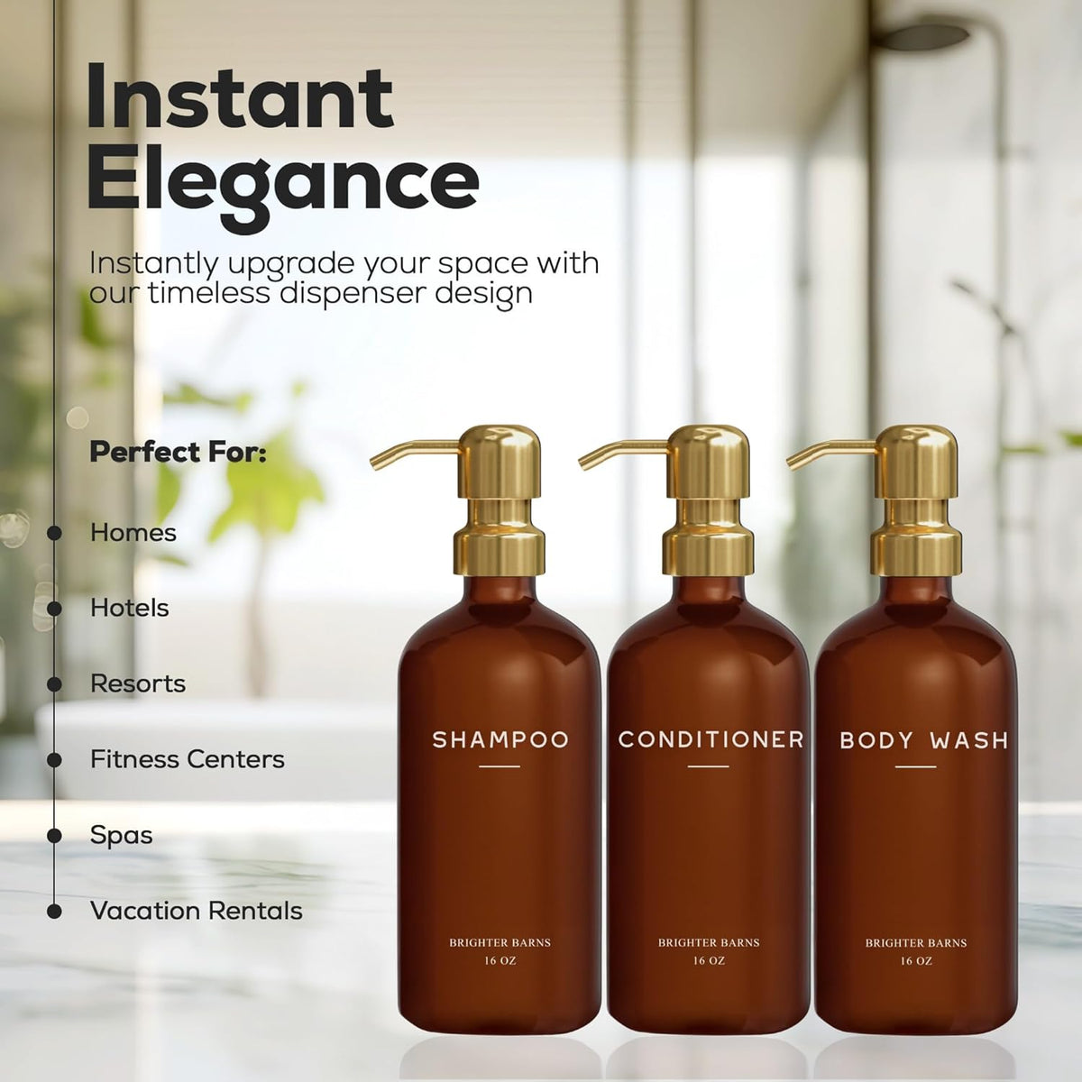 Luxury Shampoo and Conditioner Dispenser Set by Brighter Barns - Empty Shampoo Bottles Refillable