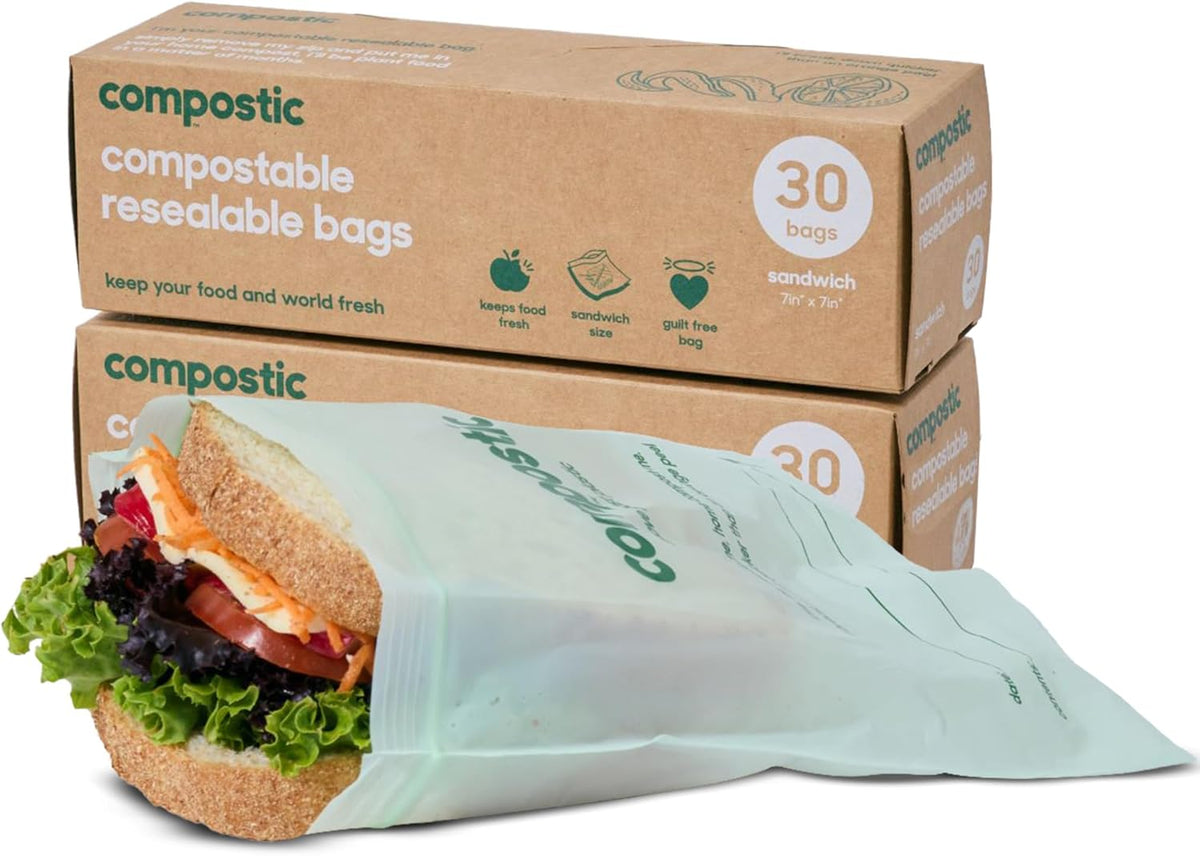 Compostic Home Compostable Resealable Sandwich Bags (7"x7"), Microwave & Freezer Safe, Organic Food