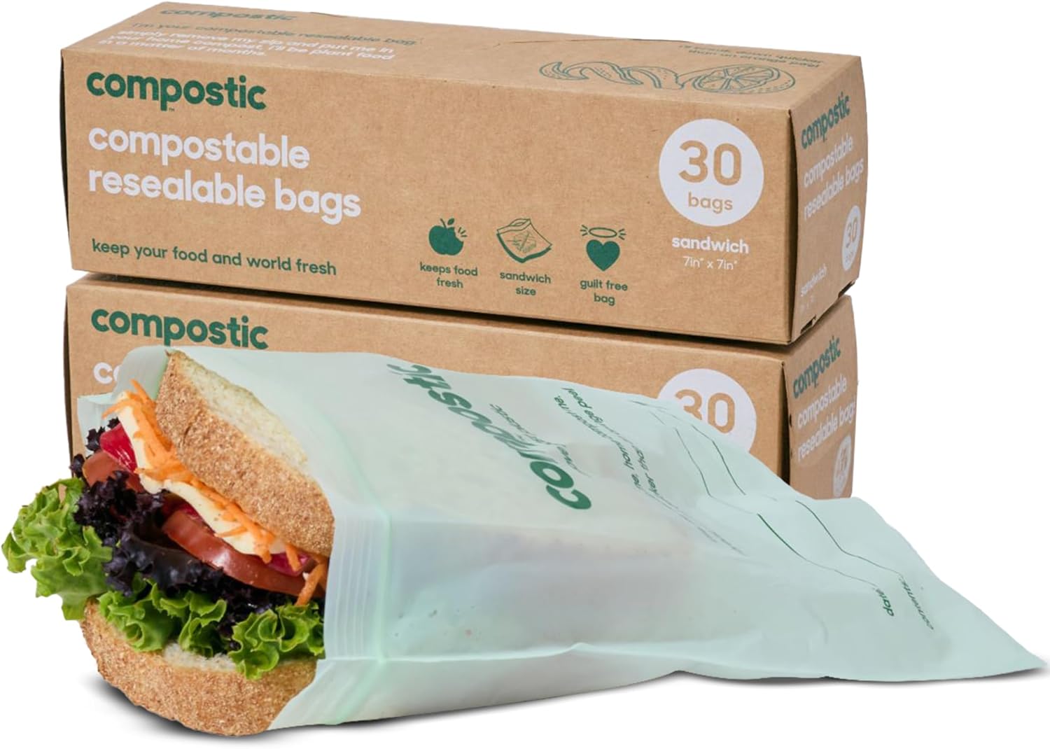 Compostic Home Compostable Resealable Sandwich Bags (7"x7"), Microwave & Freezer Safe, Organic Food