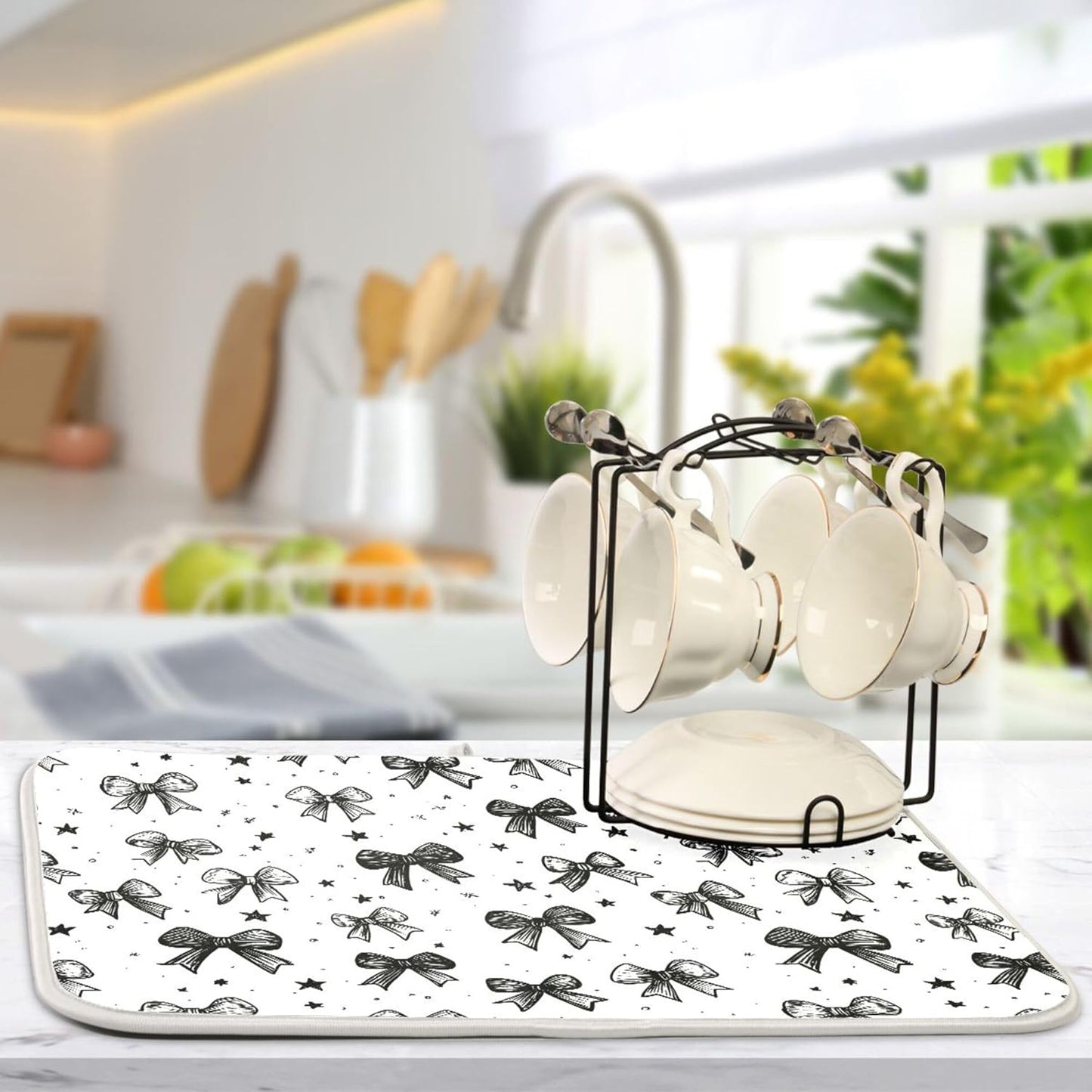 Black White Bowknot Dish Drying Mat for Kitchen Countertop 18x24 Rectangle Bow Large Drying Mat