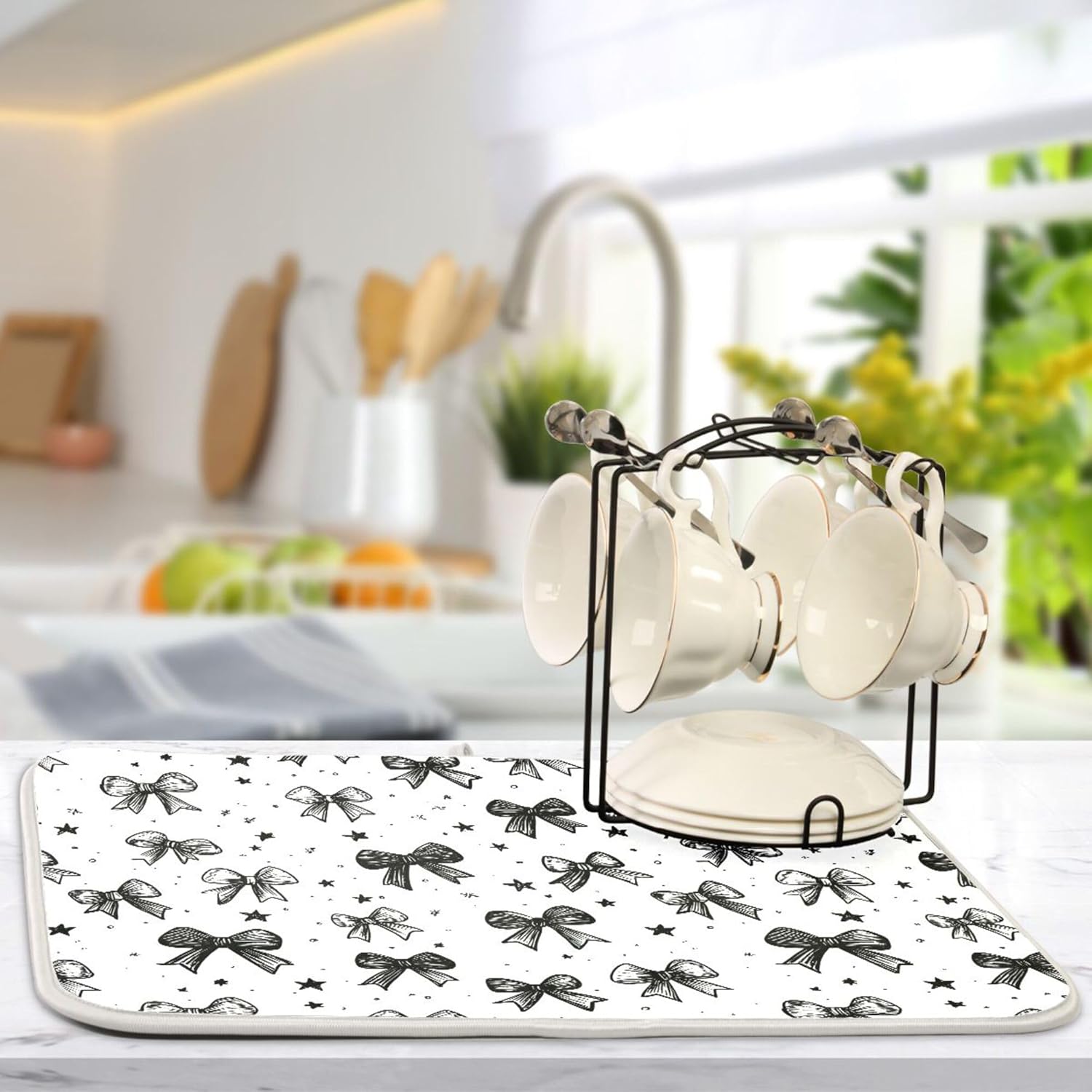 Black White Bowknot Dish Drying Mat for Kitchen Countertop 18x24 Rectangle Bow Large Drying Mat