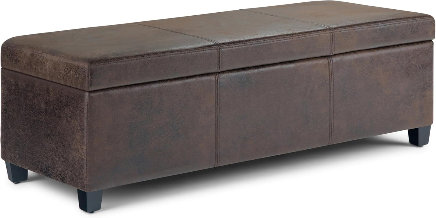 SIMPLIHOME Avalon 48 inch Wide Contemporary Rectangle Storage Ottoman Bench in Distressed Brown