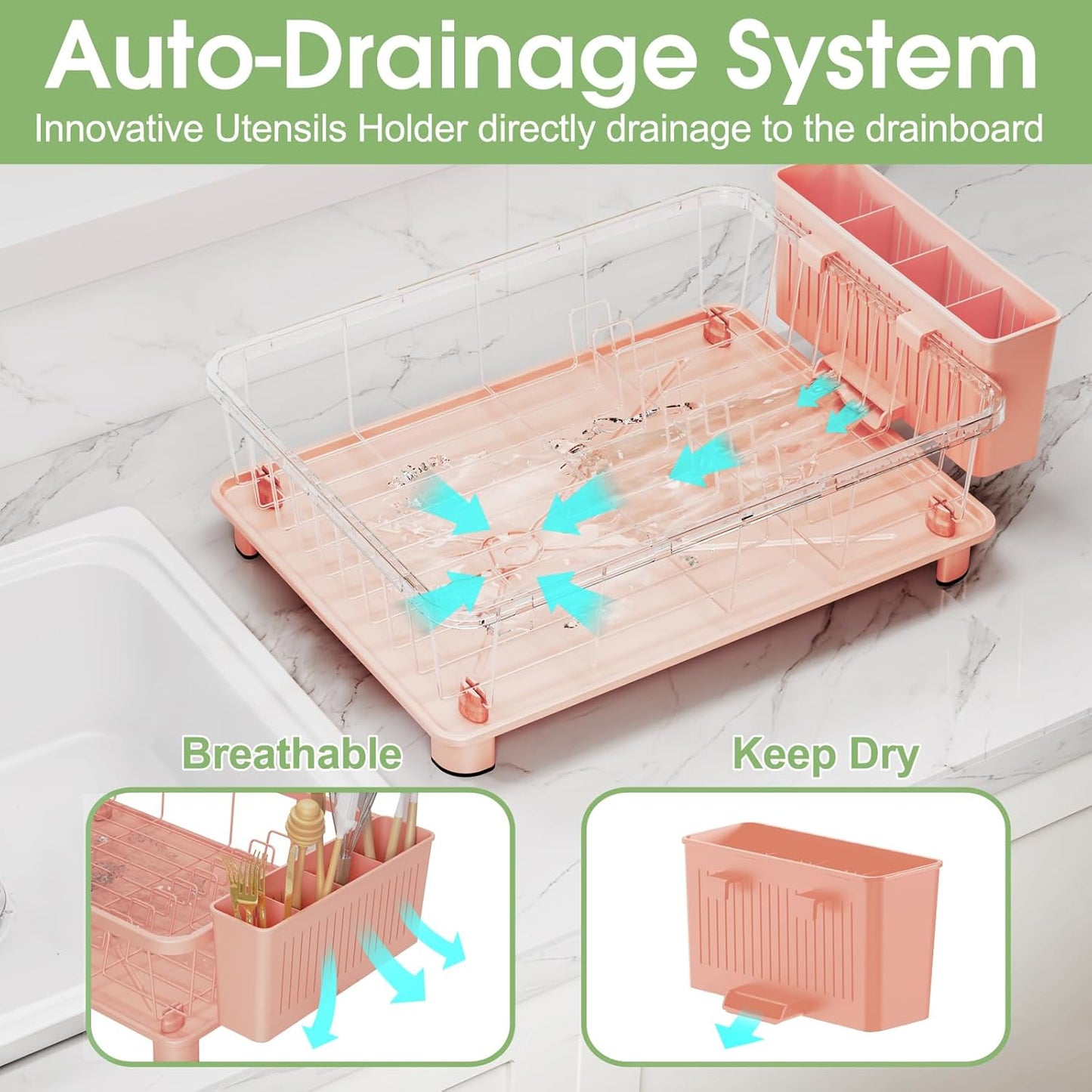 Pink Dish Drying Rack - Space-Saving Dish Rack,Dish Racks for Kitchen Counter with Drainboard