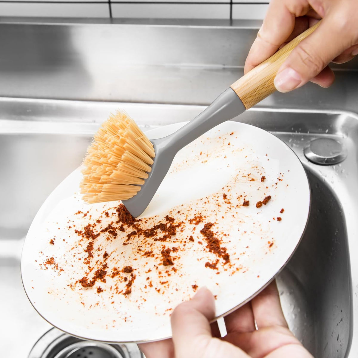 2 Pack Dish Brushes with Bamboo Handle, Kitchen Dish Scrubber Built-in Scraper, Scrub Brush for
