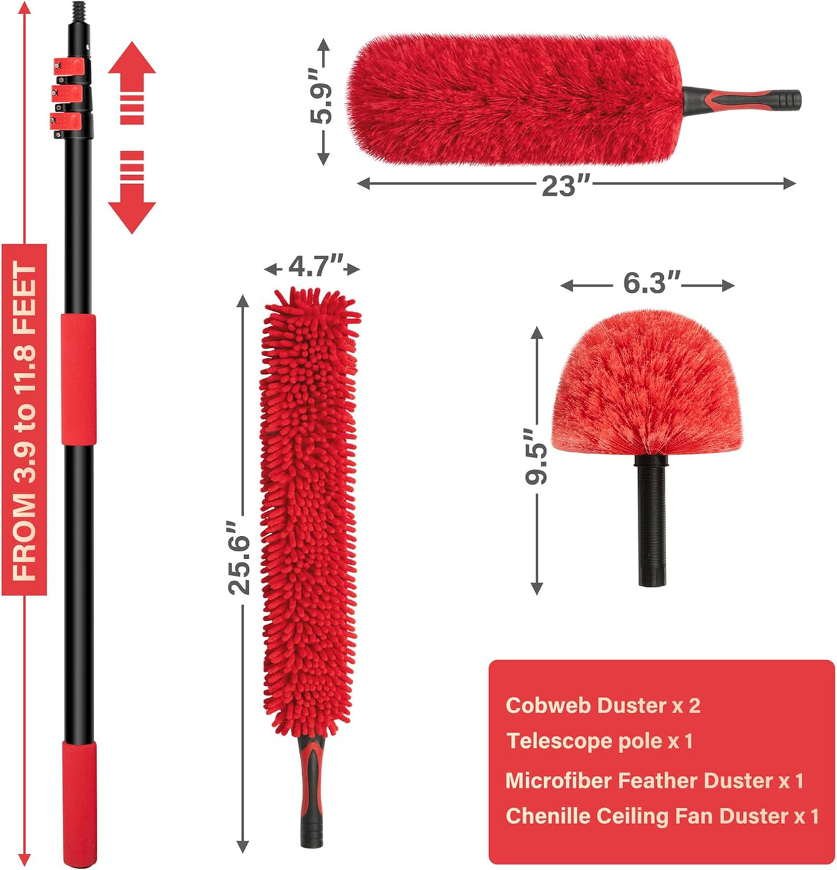 5-12 FT Extension Pole with 2 Outdoor Cobweb Brushes, 20 FT High Reach Ceiling Fan Cleaner Duster