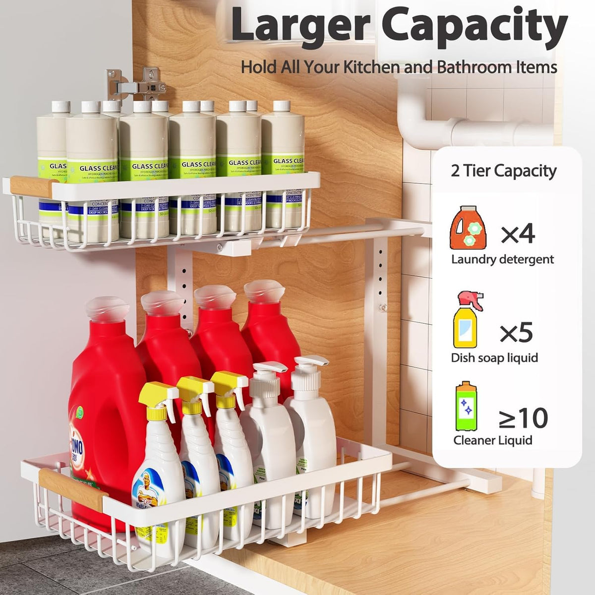 Under Sink Organizer 2 pack, 2 Tier Slide Out Under Sink Organizers And Storage, Height Adjustable