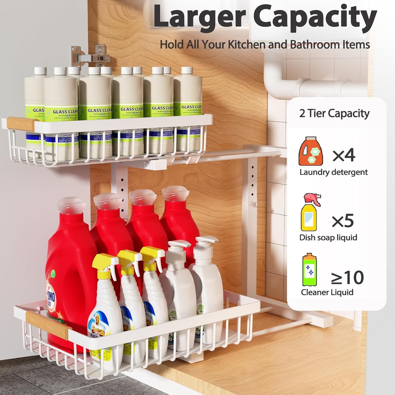 Under Sink Organizer 2 pack, 2 Tier Slide Out Under Sink Organizers And Storage, Height Adjustable