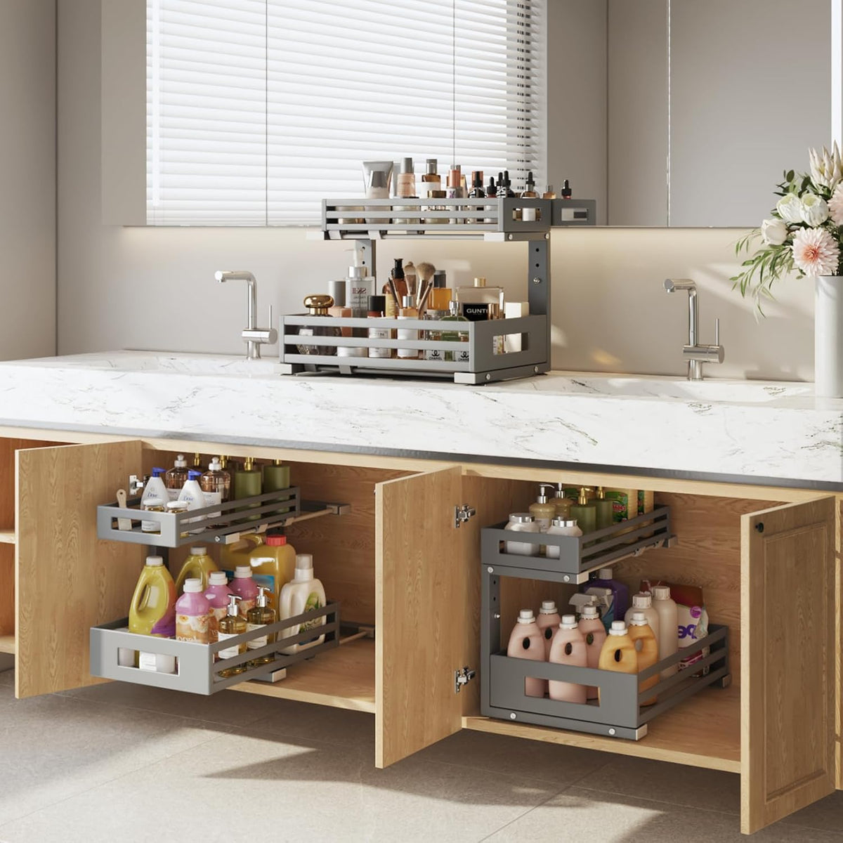 1-Pack Under Sink Organizers and Storage,2-Tier L Shape Pull Out Cabinet Organizer With Round Tube