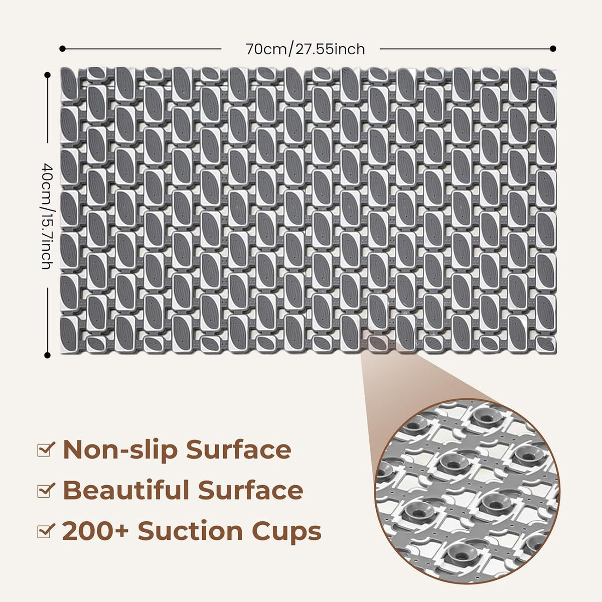 Bathtub Mats Non Slip for Bathroom with Suction Cups and Drain Holes 27.6 * 15.7 Inch Shower Mat