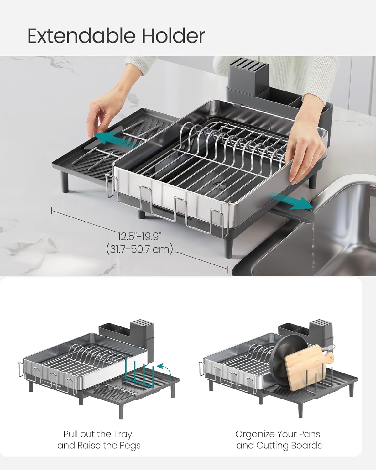 SONGMICS Large Dish Drying Rack, Expandable Dish Dryer for Kitchen Counter, Stainless Steel Dish