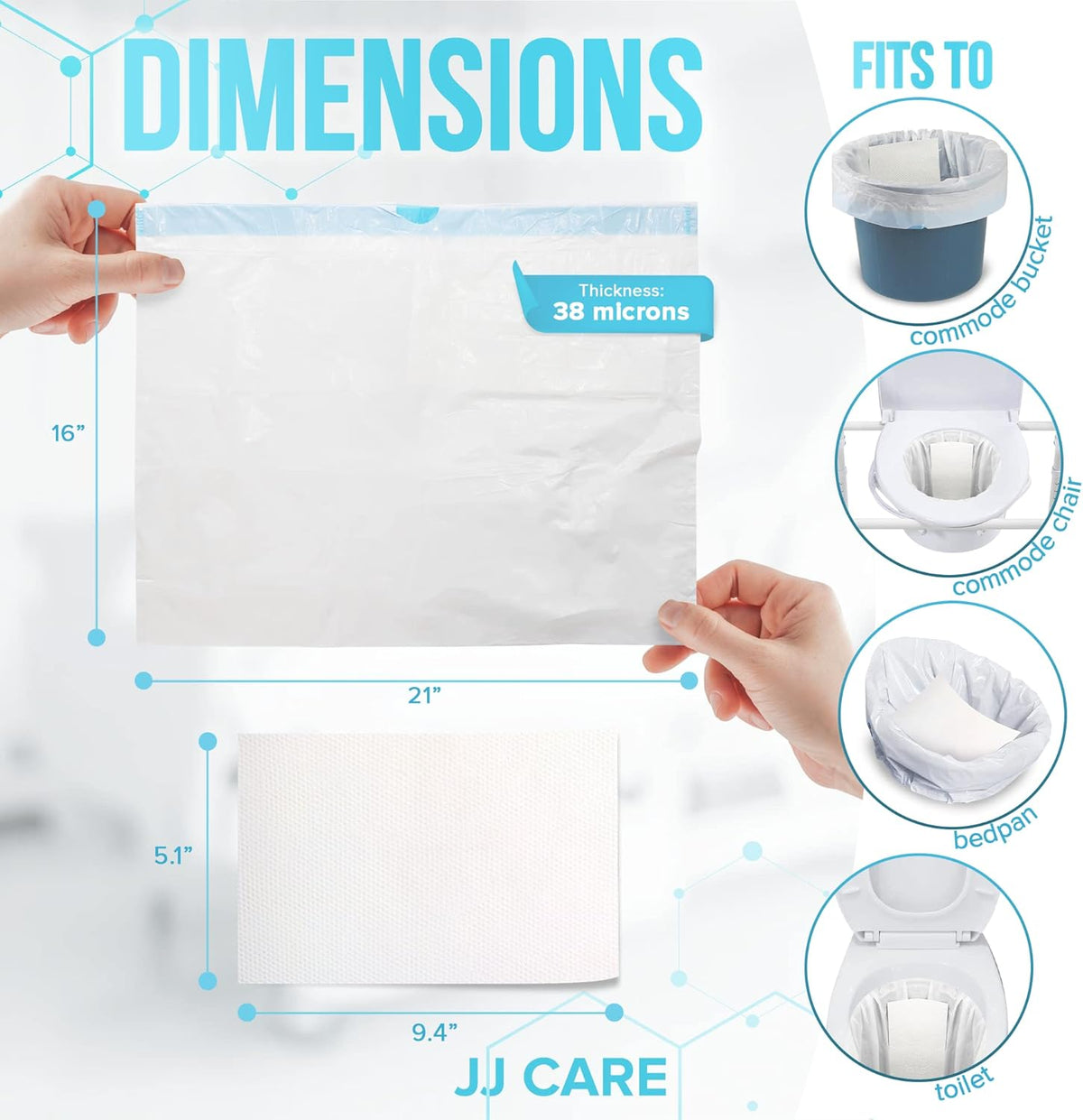 JJ CARE Bedside Commode Liners with Absorbent Pads - Pack of 90 Commode Poop Bags Liners 16"x21"