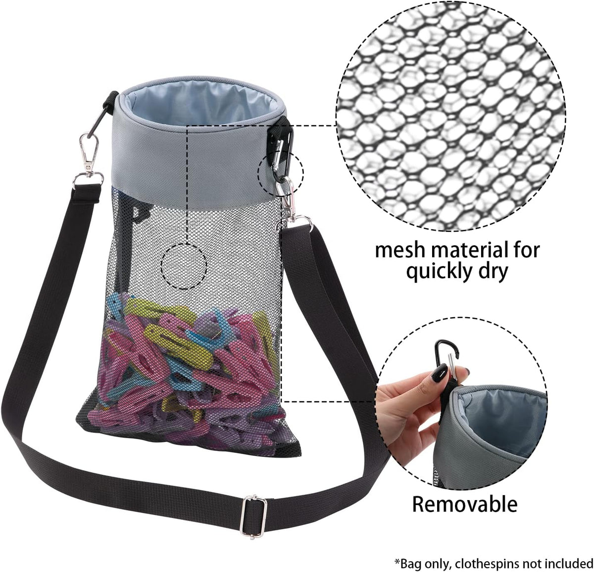 Mesh Clothespin Bag with Hooks Hanging Clothes Pin Bag with Drawstring Closure Clothespin Holder