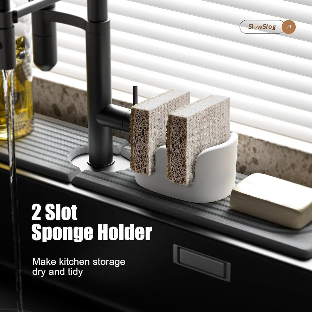 2 Pack Double Sponge Holder, Diatomite Stone Absorbent Sponge Stand for Kitchen Sink - Quick Dry