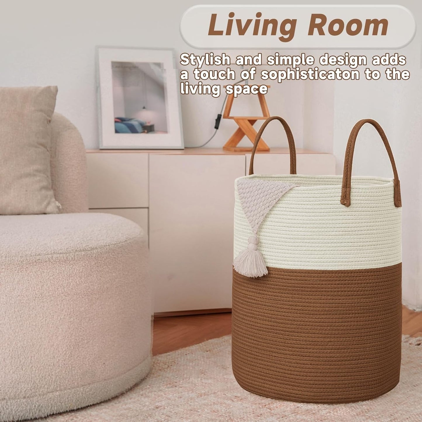 Large Woven Laundry Basket Hamper,60L Cotton Rope Storage Bin for Blankets,Toys and