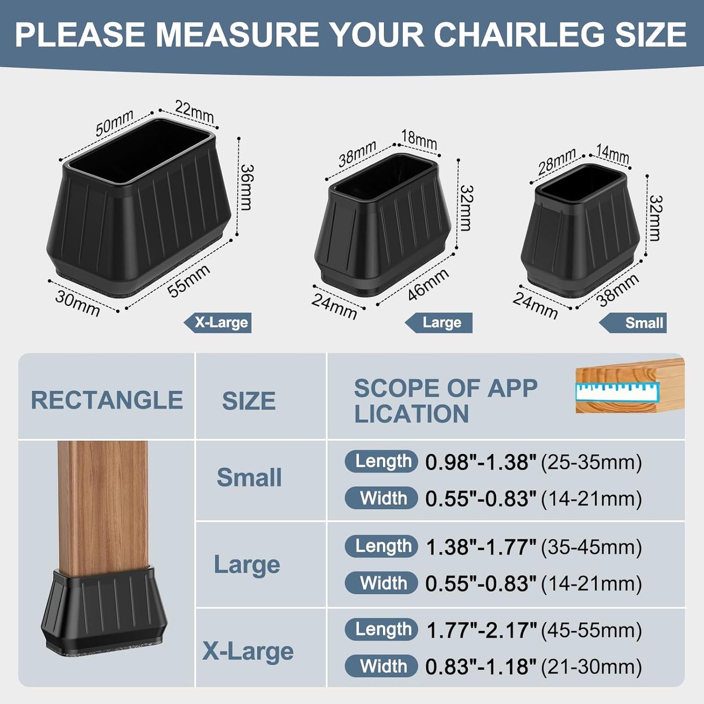24PCS Rectangular Chair Leg Floor Protectors for Hardwood Floors, Thicken Rubber Chair Leg Cap