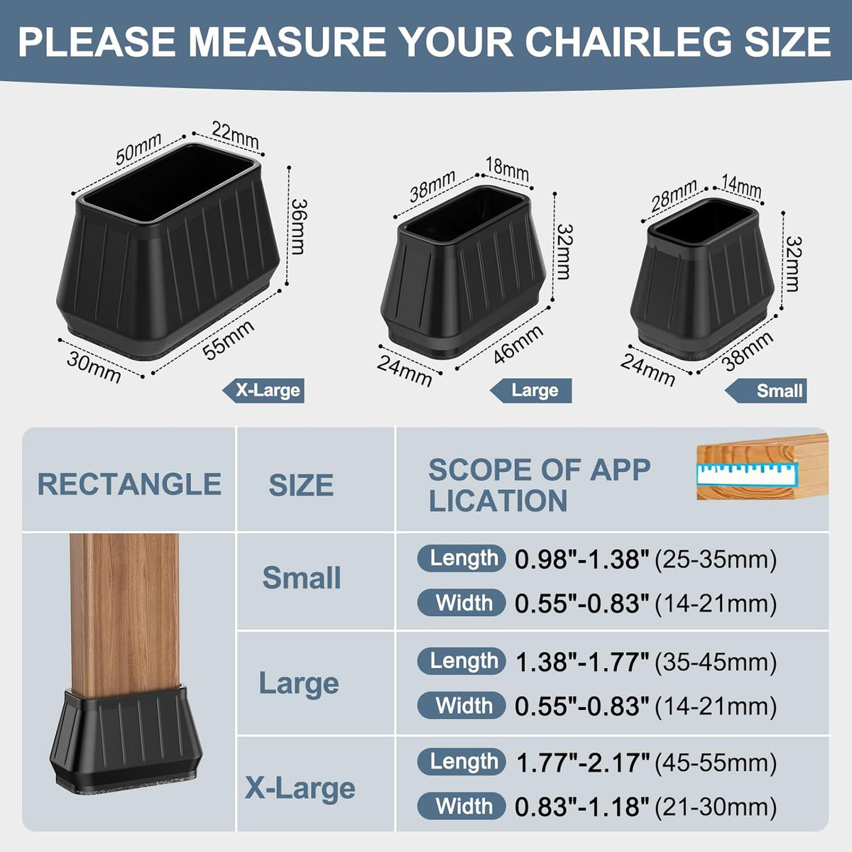 24PCS Rectangular Chair Leg Floor Protectors for Hardwood Floors, Thicken Rubber Chair Leg Cap