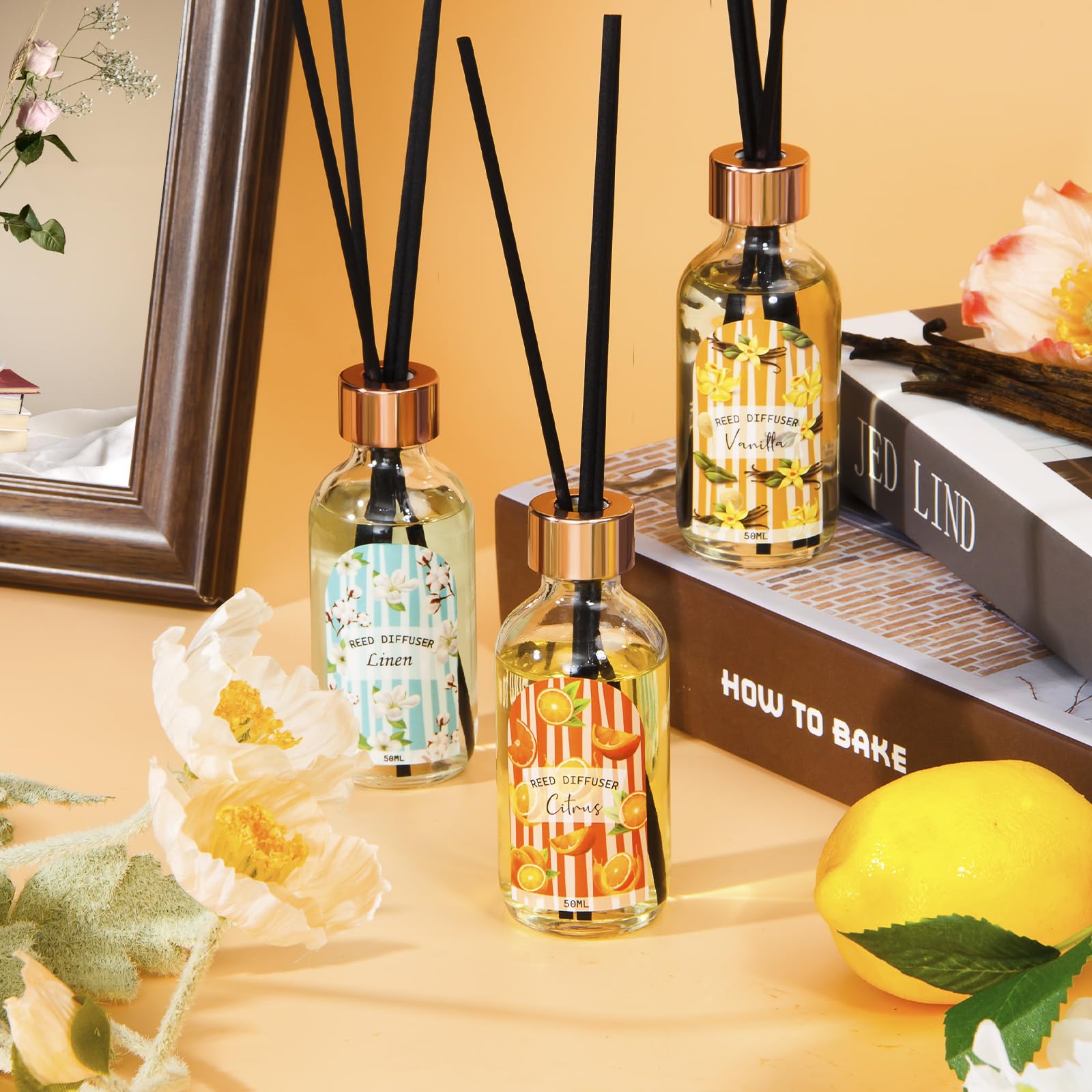 Reed Diffuser Set of 3 Pack, Linen Vanilla Citrus Scented Oil Diffuser with 15 Sticks, Reed