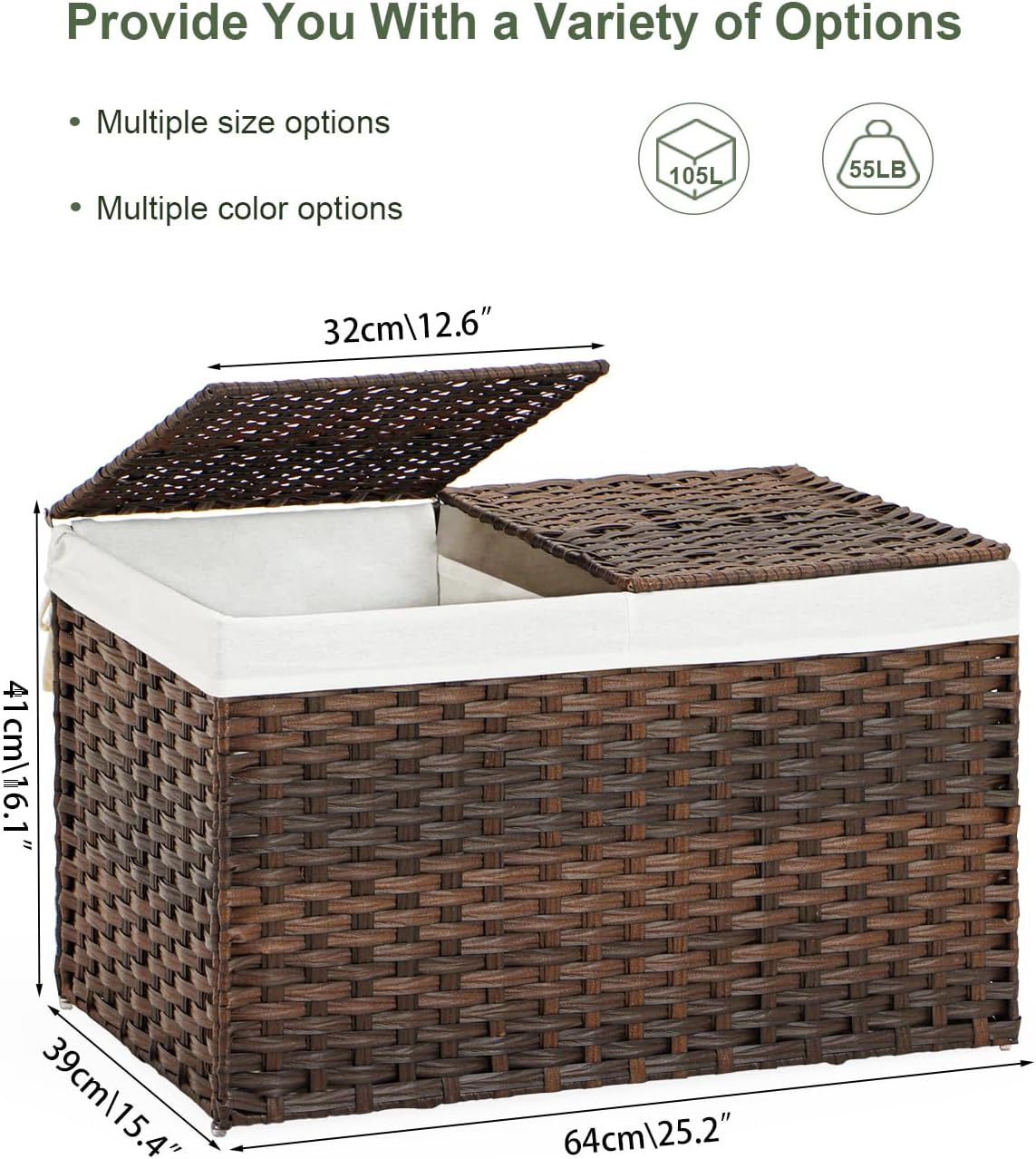 Storage Basket with Lid Rattan Storage Basket with 2 Separate Lid, 27.8 Gallon (105 L) 25.2 * 15.4