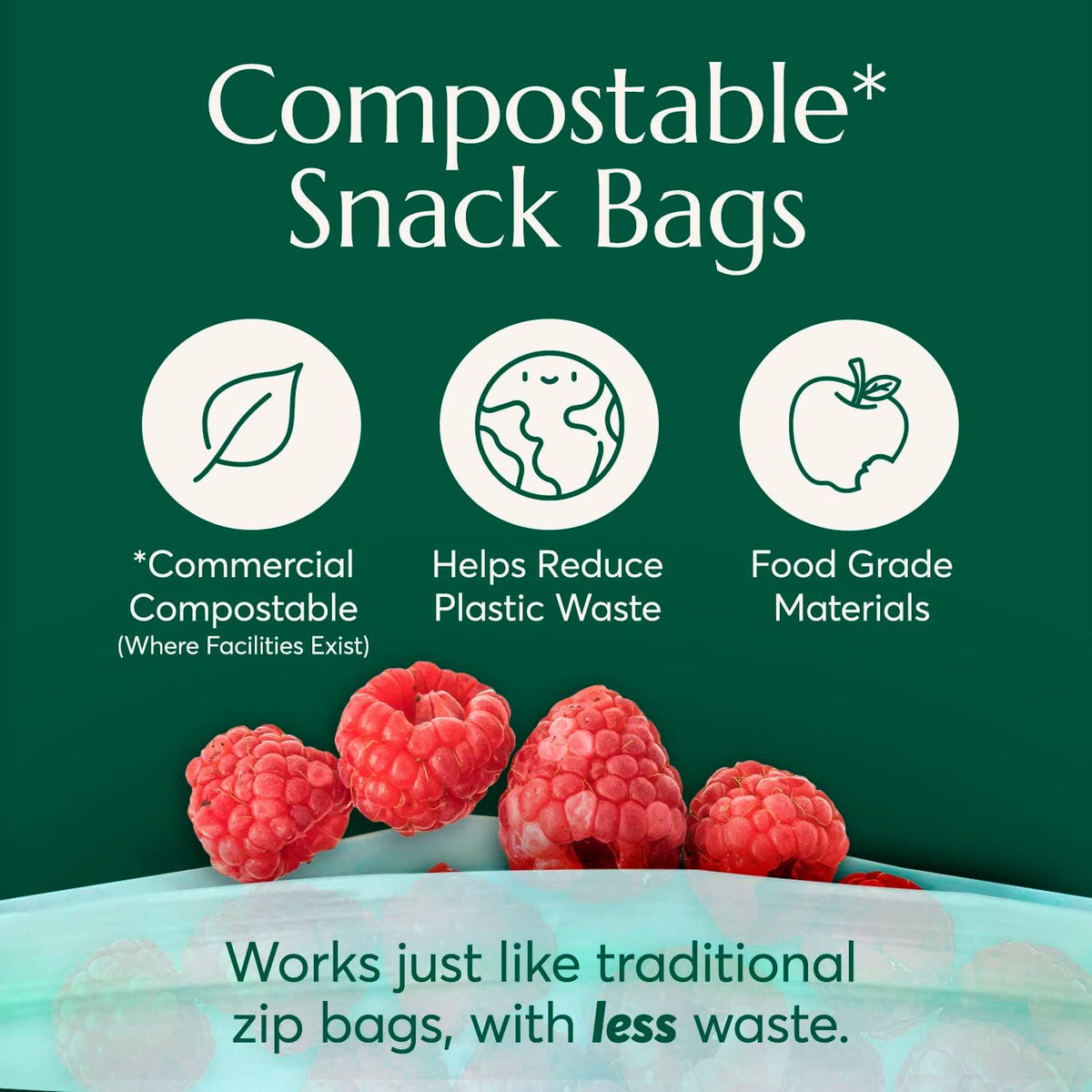 Cleanomic Compostable* Snack Size Food Storage Bags (50 Eco Zip) Freezer and Leak Proof, Also