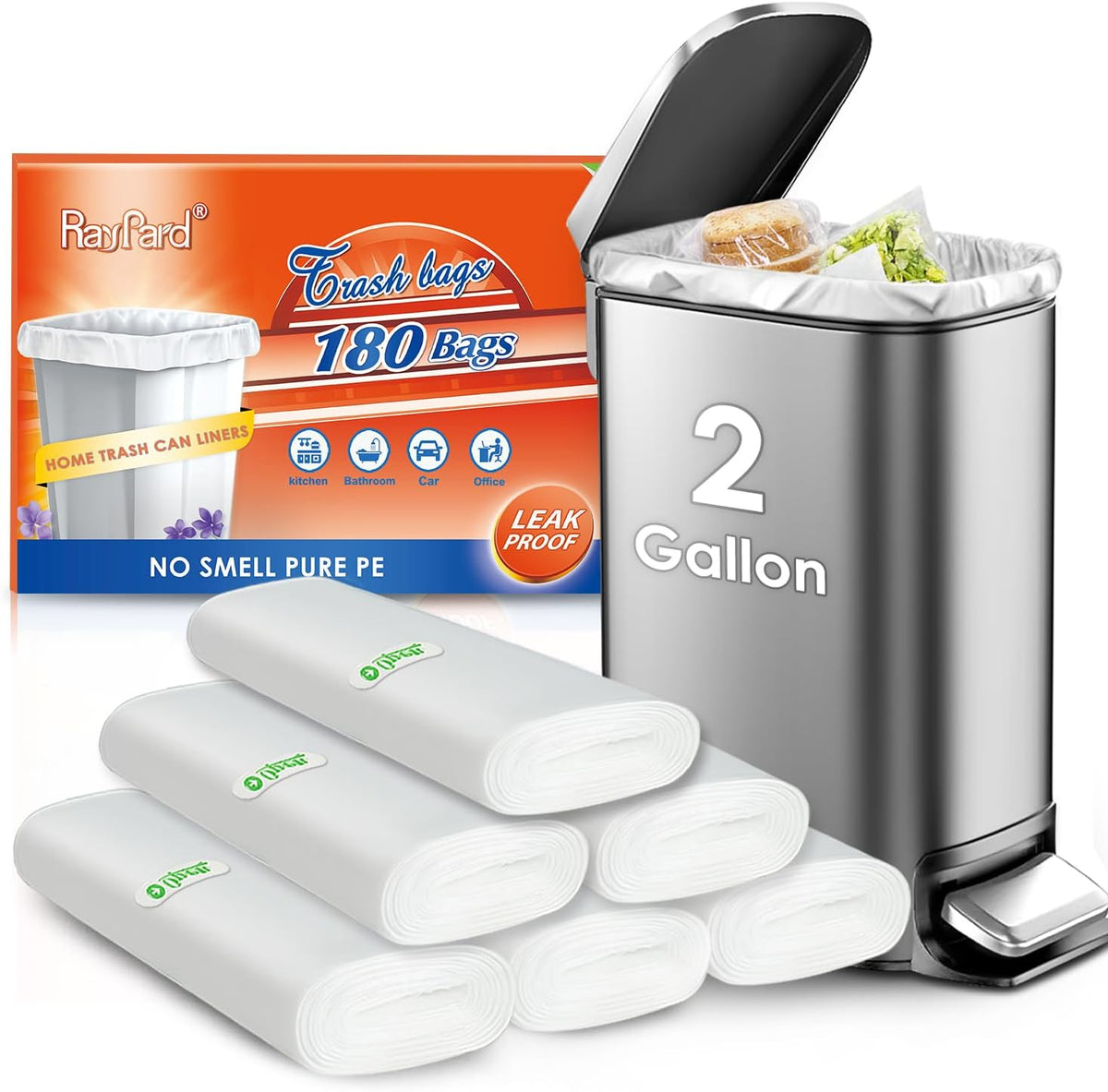 180 Counts 2 Gallon (1.8-2 Gal) Small Trash Bags Garbage Bags by RayPard, fit 1.6,1.8,2,2.2 Gal