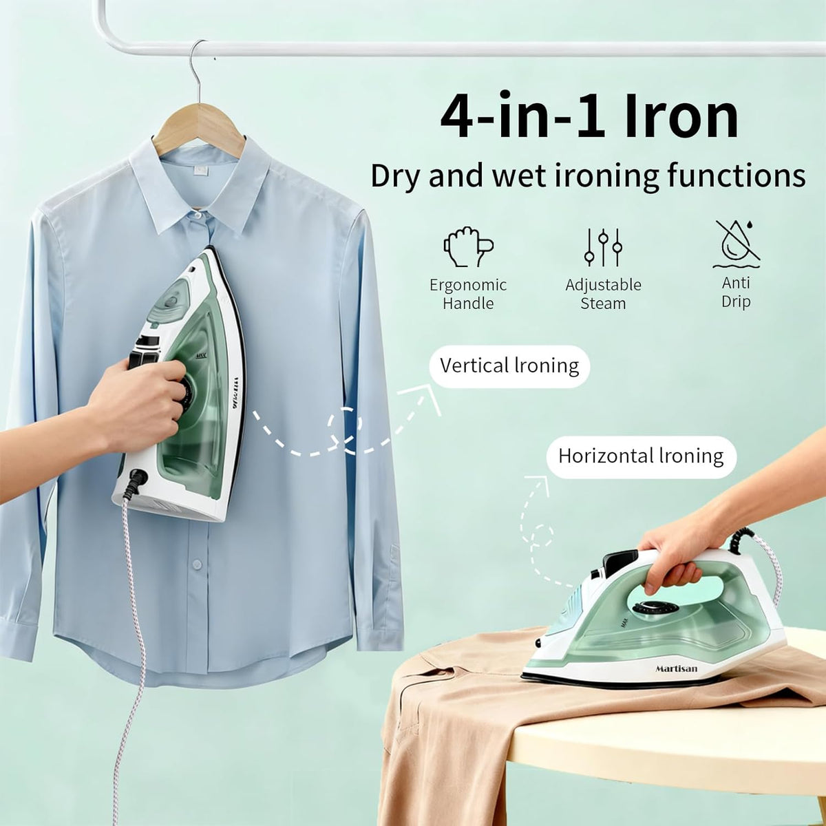 Martisan 2000W Powerful Steamer, Steam Iron for Clothes, Non-stick Soleplate, 4-in-1 Iron, Anti