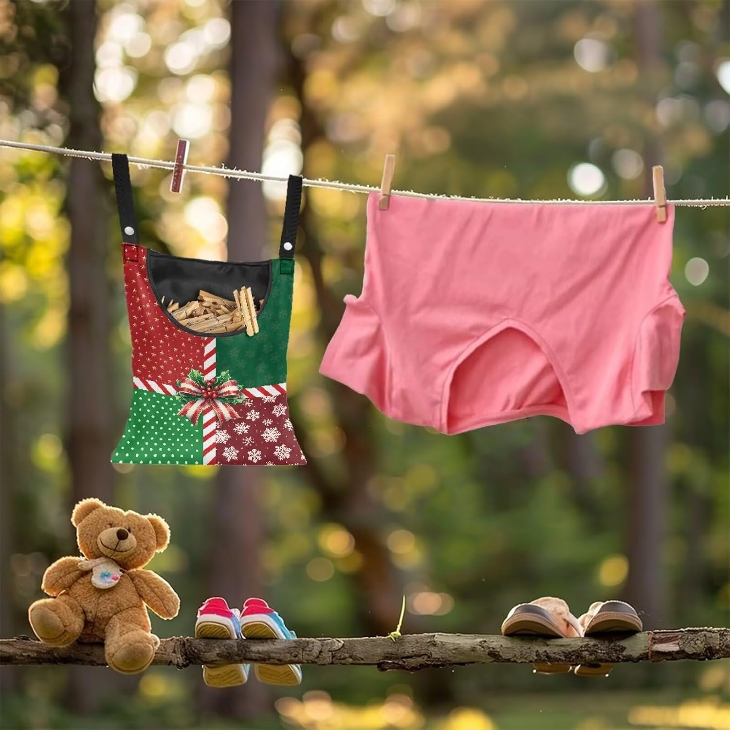 Christmas 2025 Adjustable Clothespin Storage Bag - Hanging Rope Organizer for Indoor/Outdoor